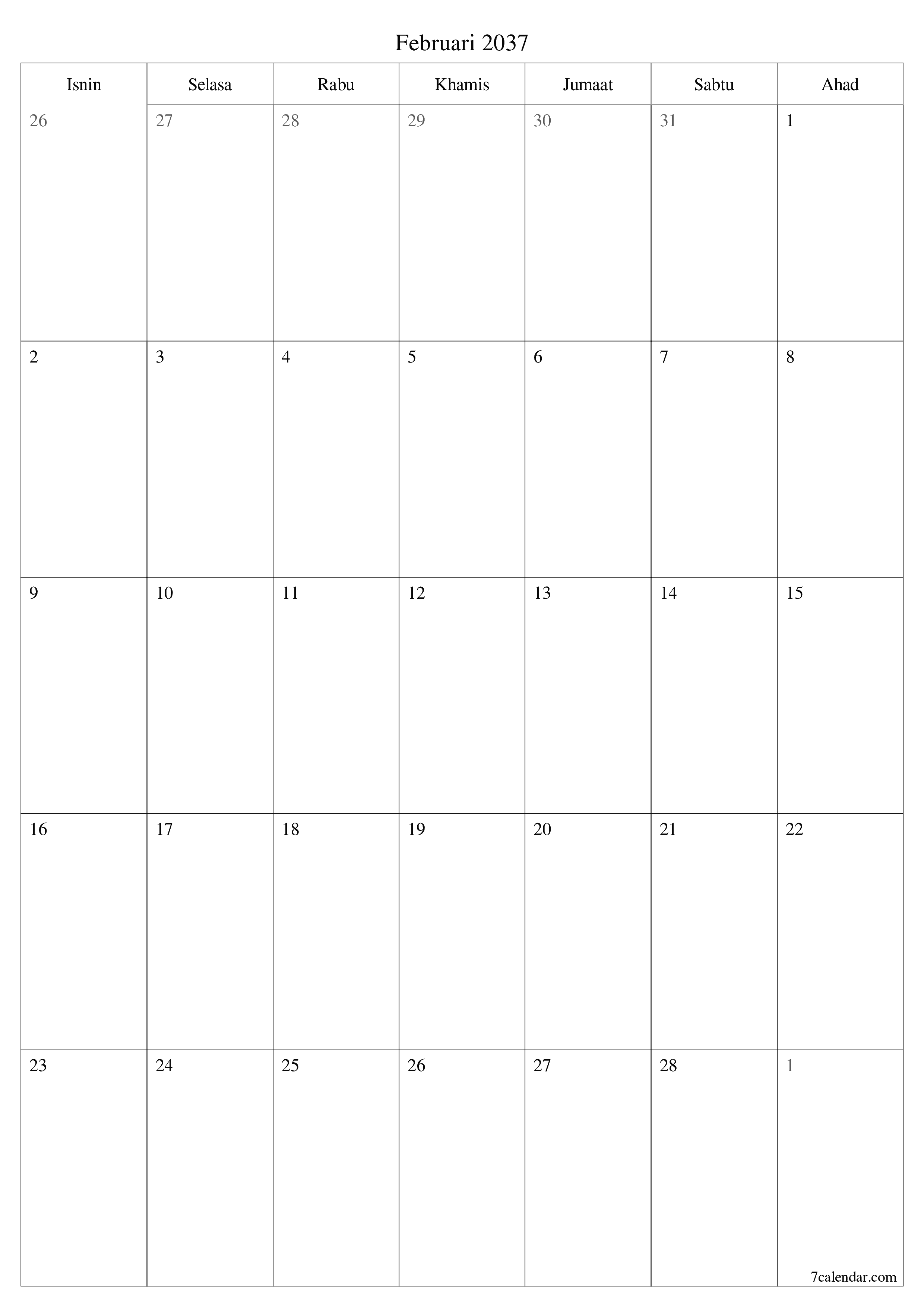  boleh cetak dinding templat percumamenegak Bulanan perancang kalendar Februari (Feb) 2037