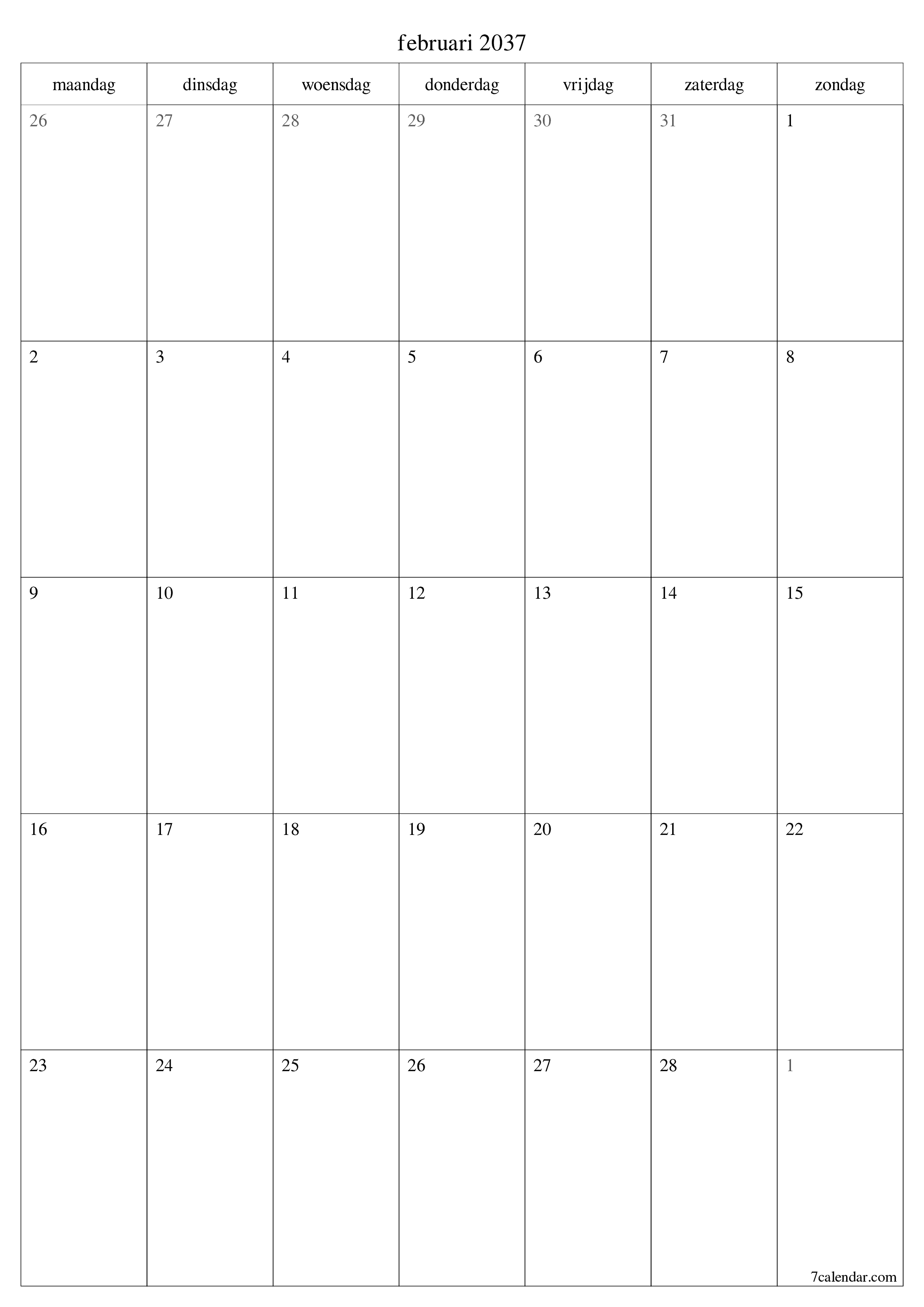 afdrukbare muur sjabloon gratis verticaal Maandelijks planner kalender februari (feb) 2037