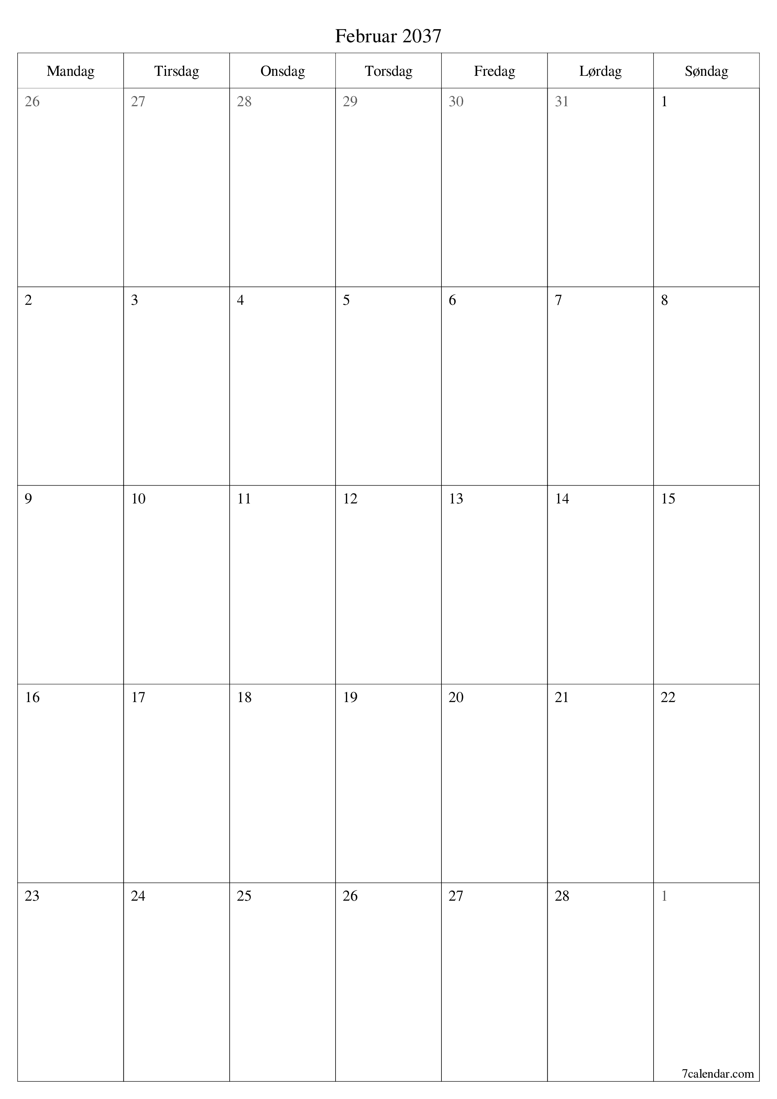 utskrivbar vegg mal gratis vertikal Månedlig planlegger kalender Februar (Feb) 2037