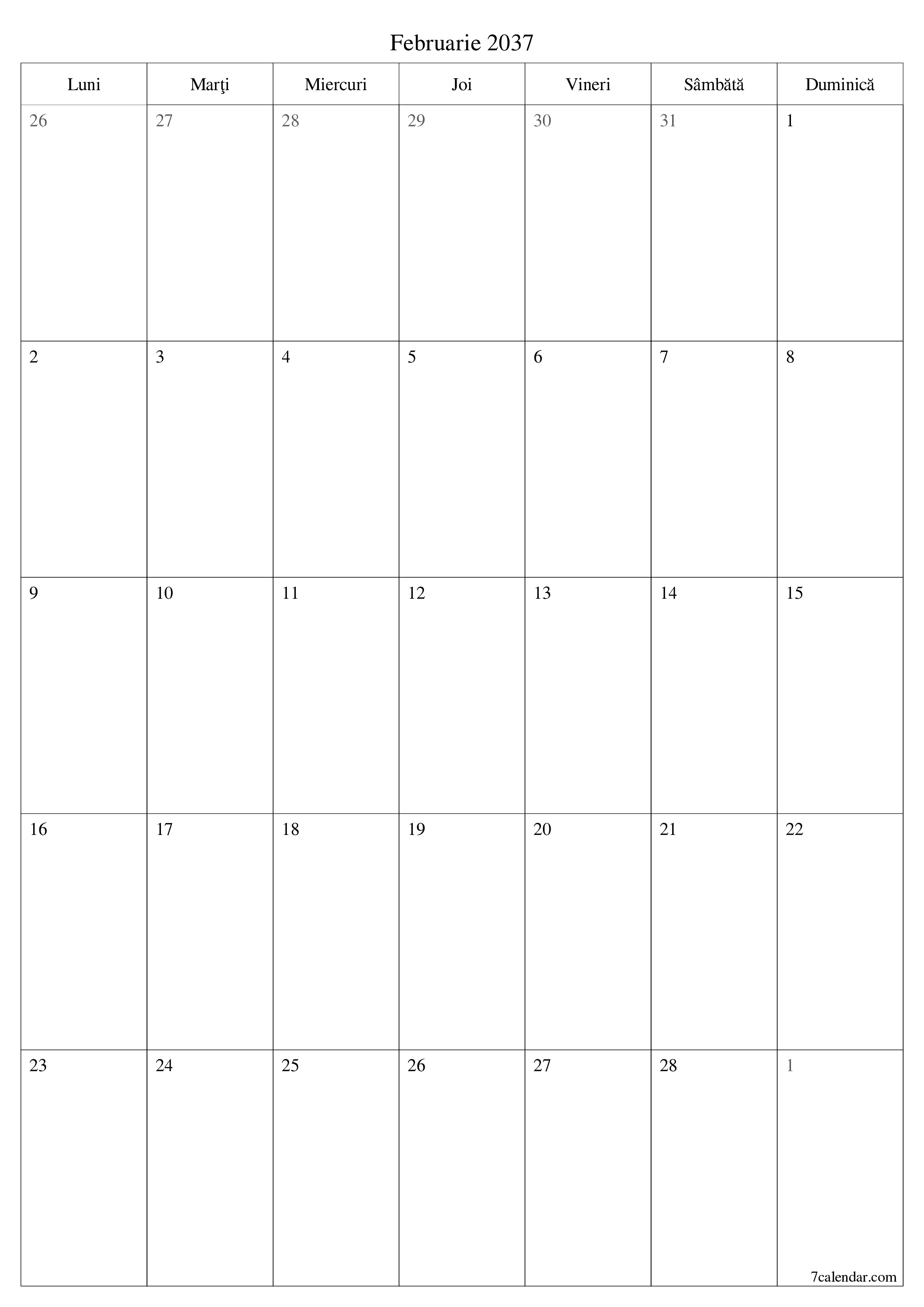  imprimabil de perete șablon de gratuitvertical Lunar planificator calendar Februarie (Feb) 2037