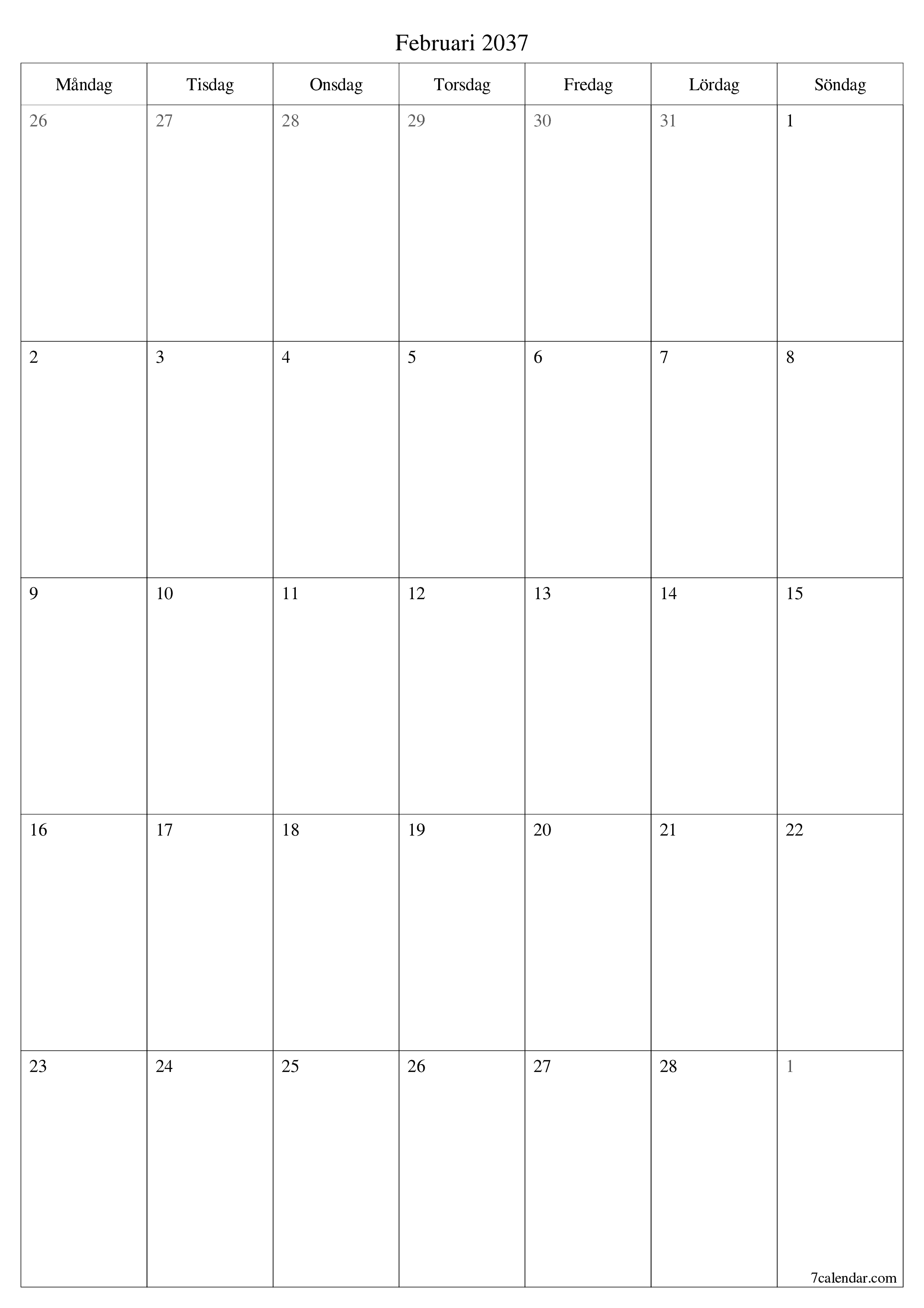 utskrivbar vägg mall gratis vertikal Månatlig planerare kalender Februari (Feb) 2037