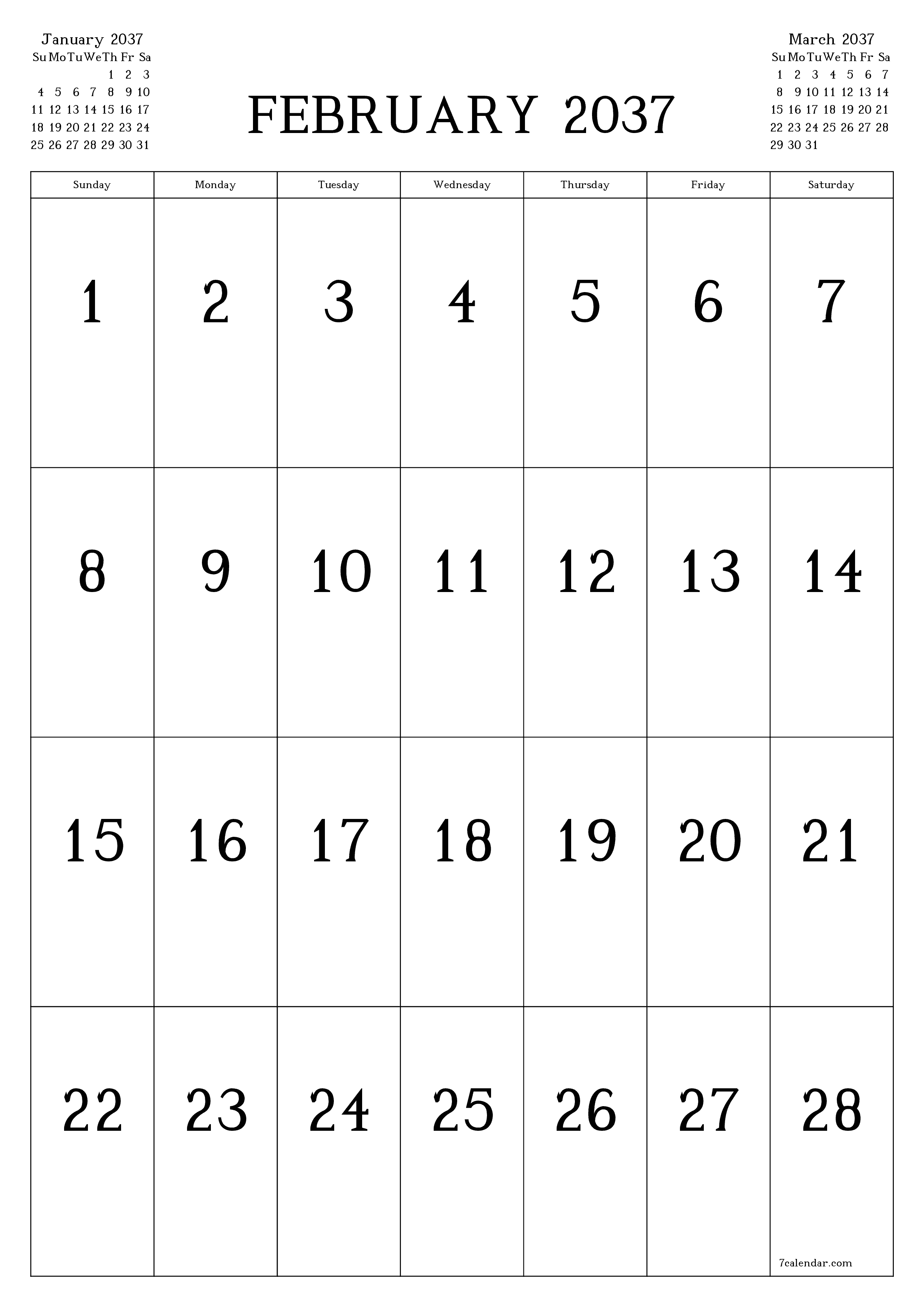 Blank calendar February 2037