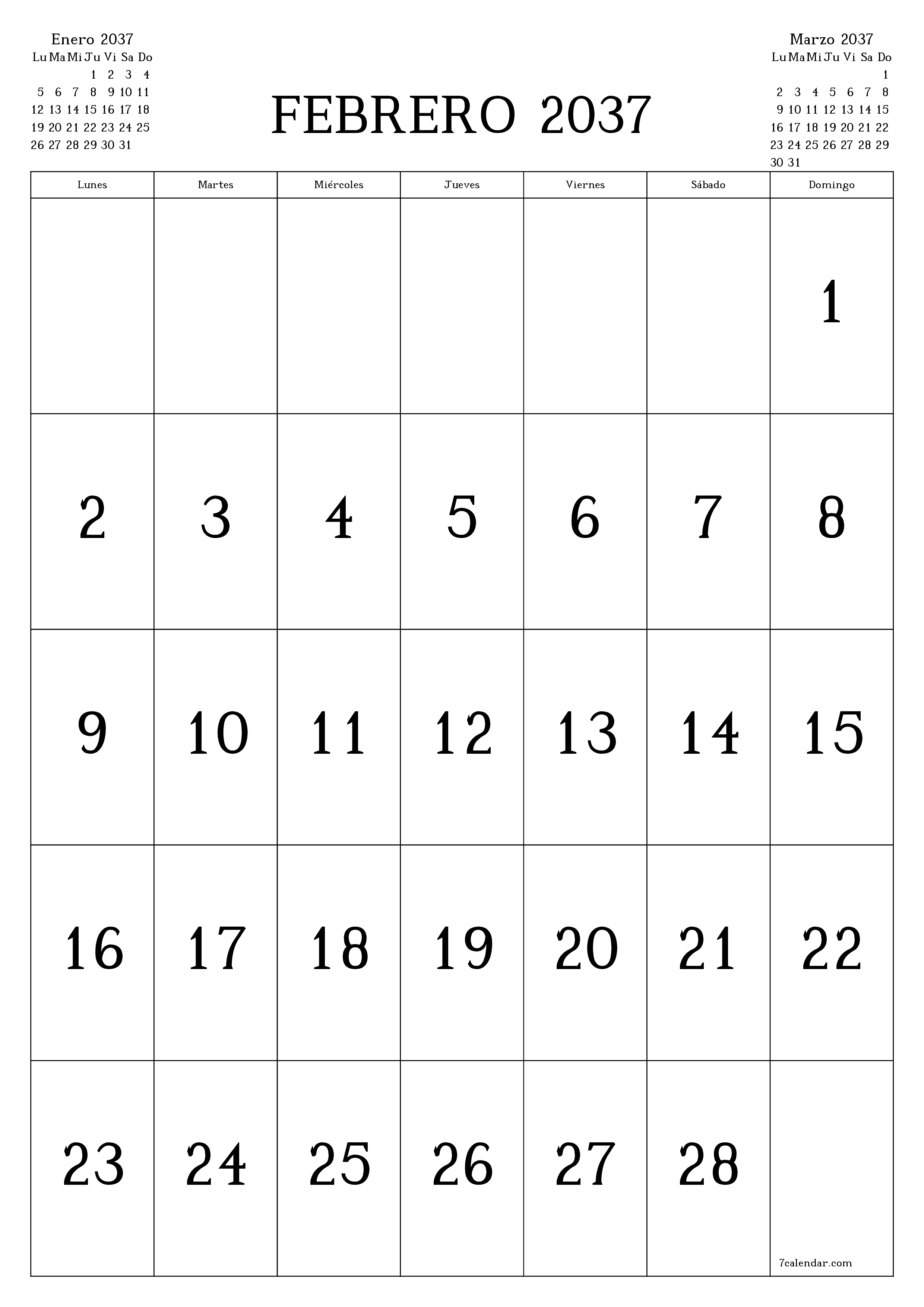  imprimible de pared plantilla de gratisvertical Mensual calendario Febrero (Feb) 2037