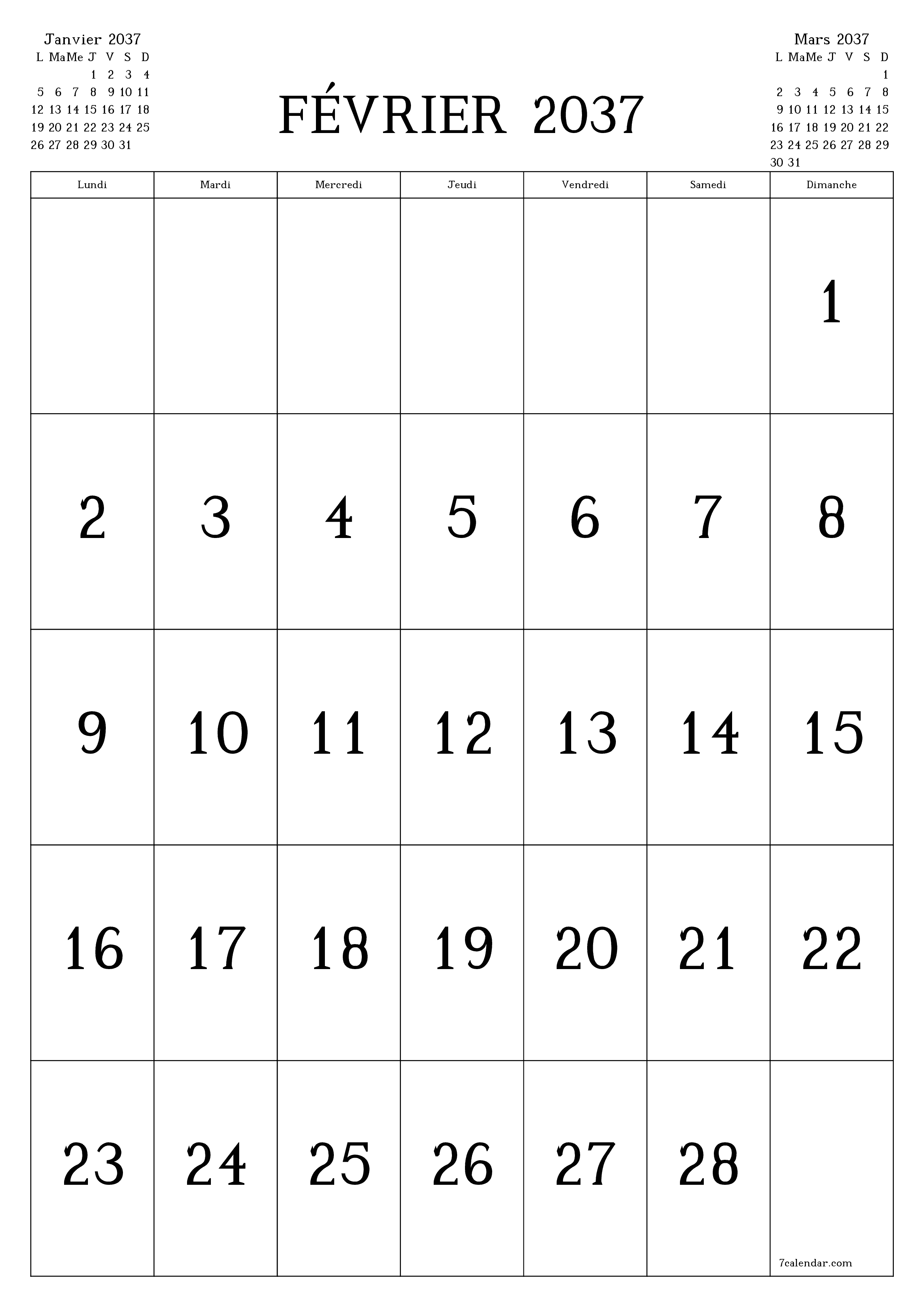  imprimable mural modèle de gratuitverticale Mensuel calendrier Février (Fév) 2037