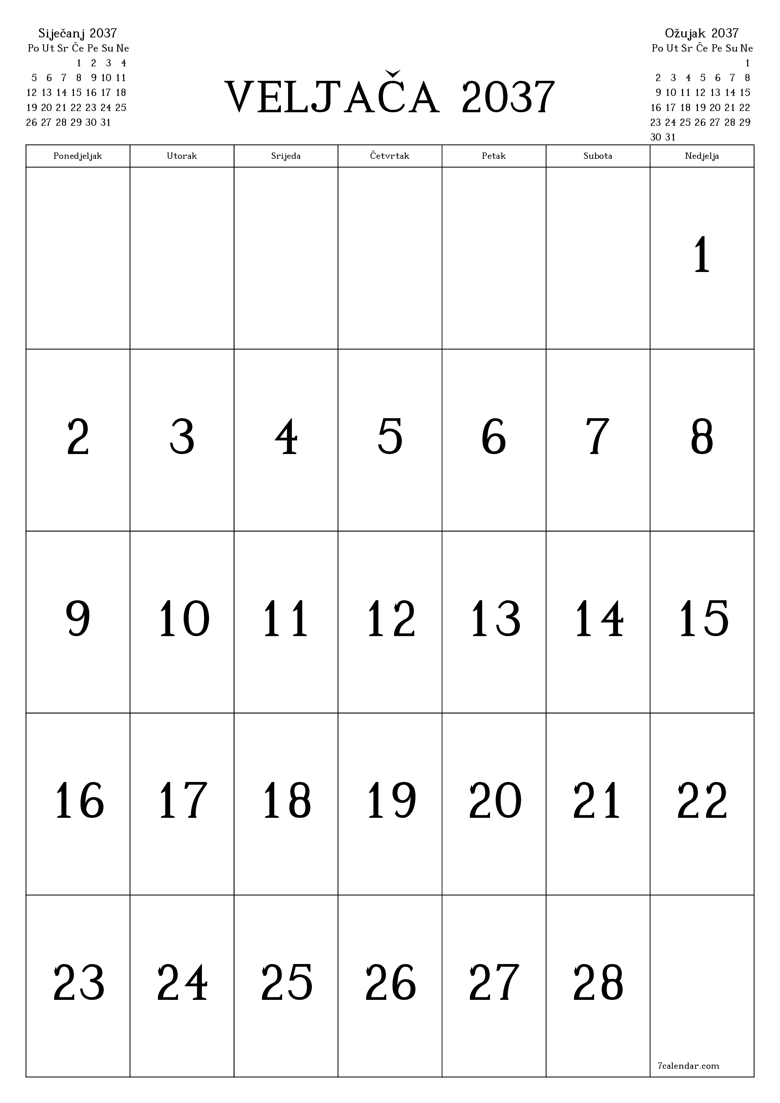  za ispis zidni predložak a besplatni okomito Mjesečni kalendar Veljača (Vel) 2037