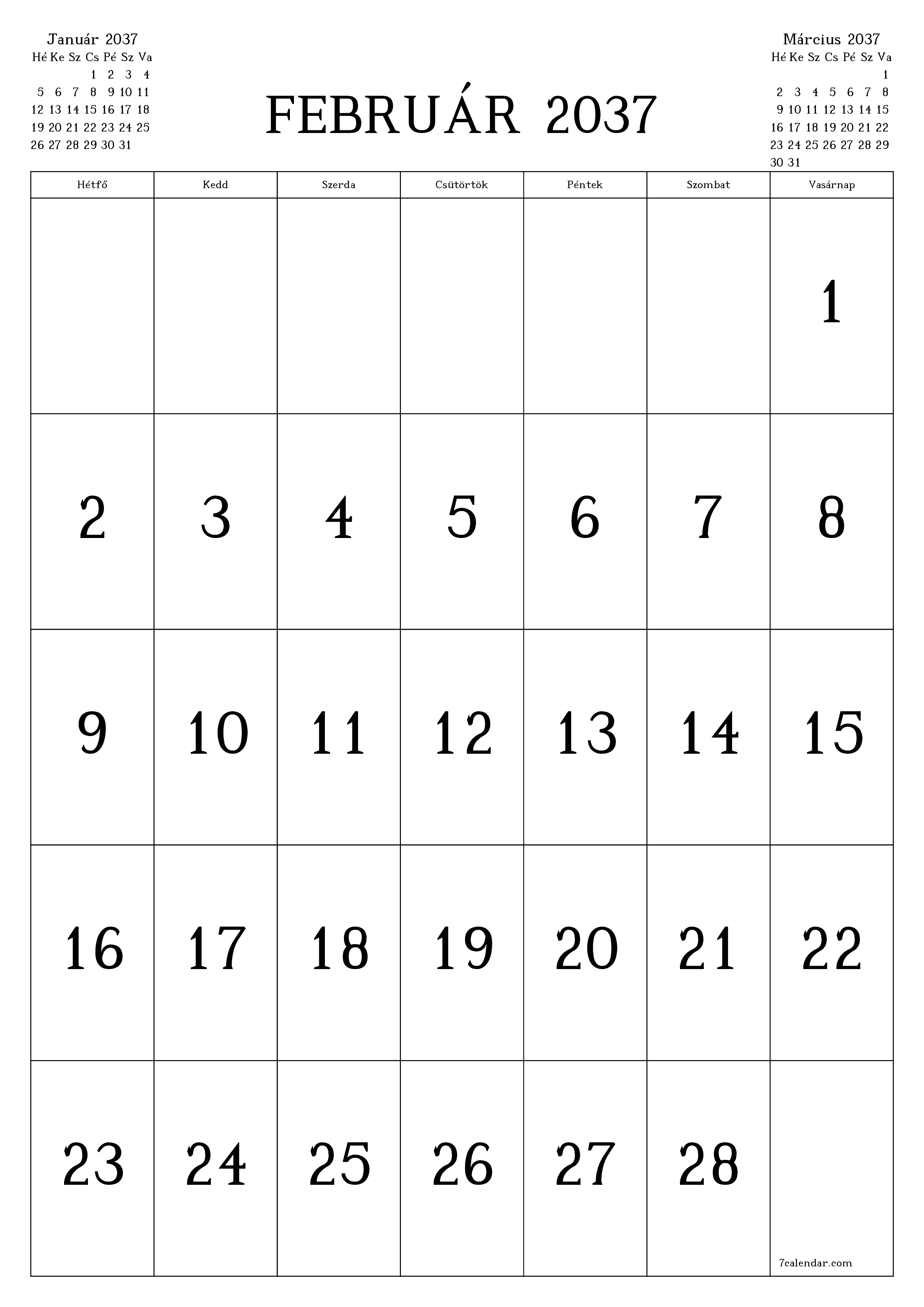 nyomtatható fali sablon ingyenes függőleges Havi naptár Február (Feb) 2037