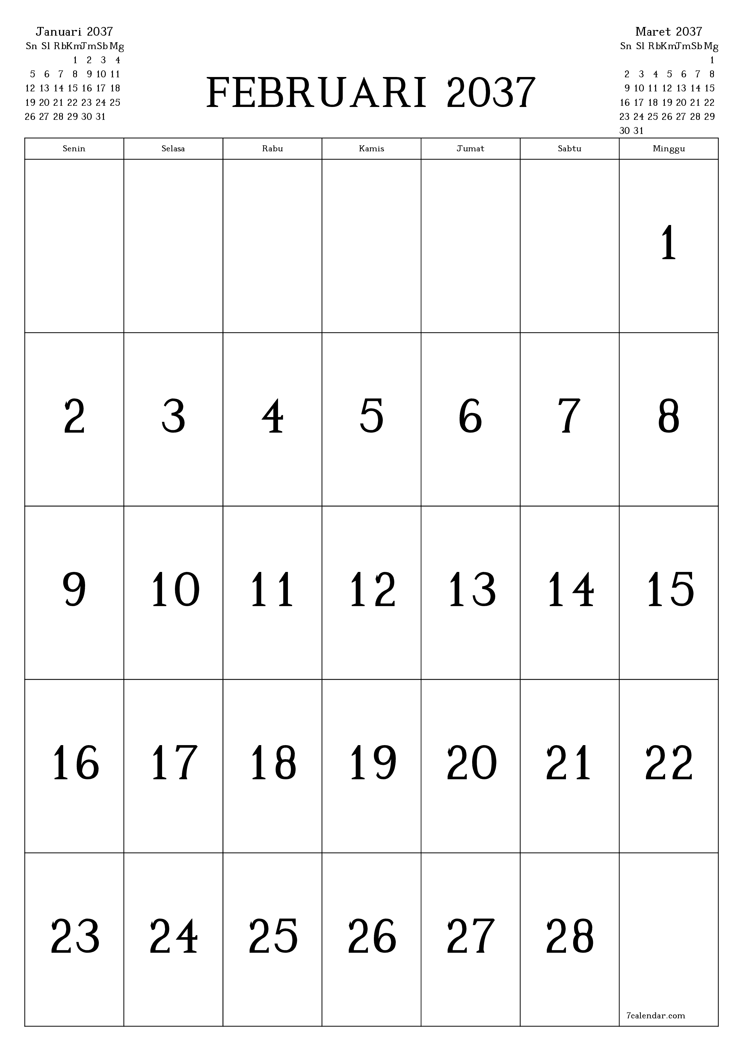 Kosongkan agenda bulanan untuk bulan Februari 2037 dengan catatan, simpan dan cetak ke PDF PNG Indonesian