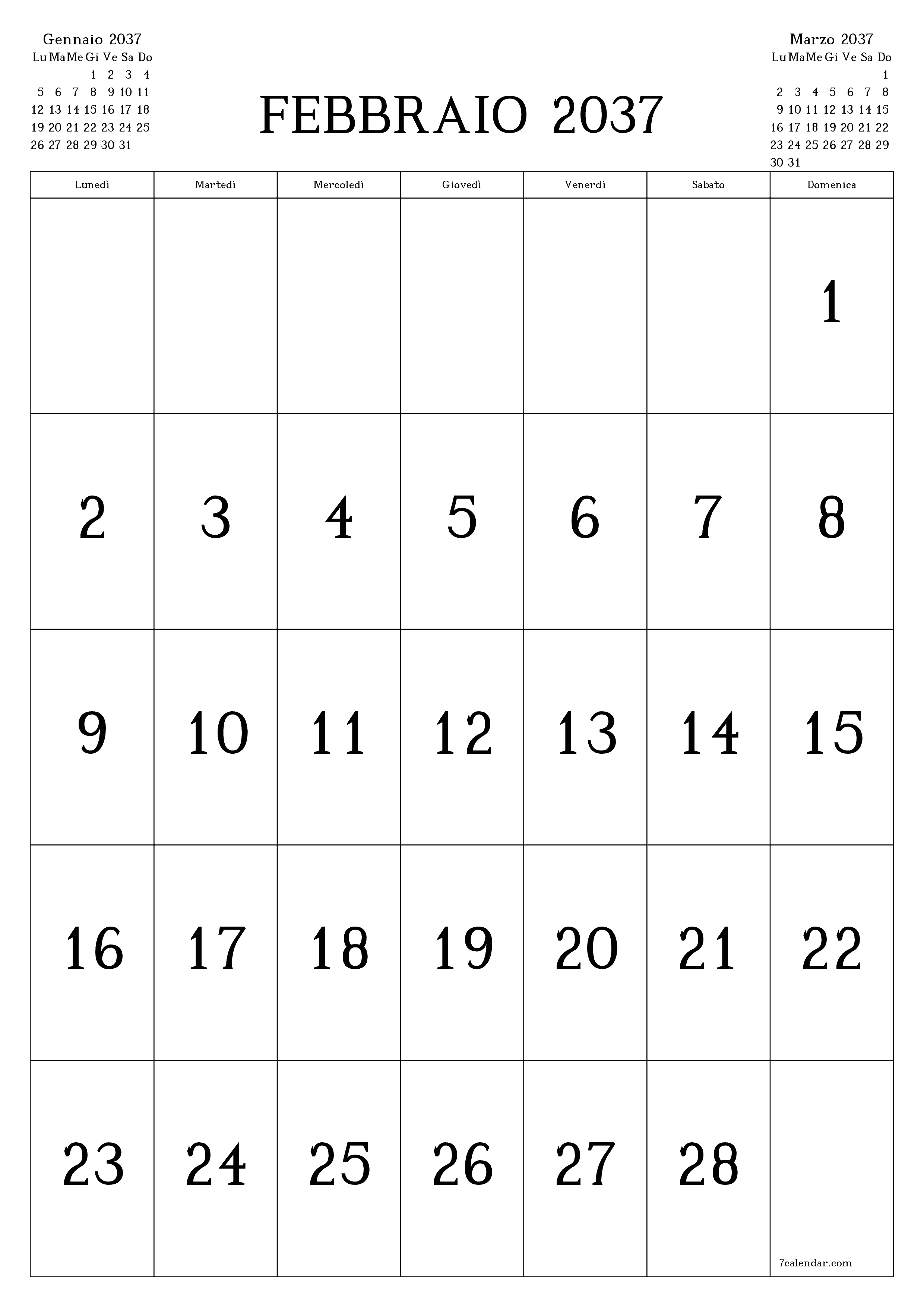  stampabile da parete modello di gratuitoverticale Mensile calendario Febbraio (Feb) 2037
