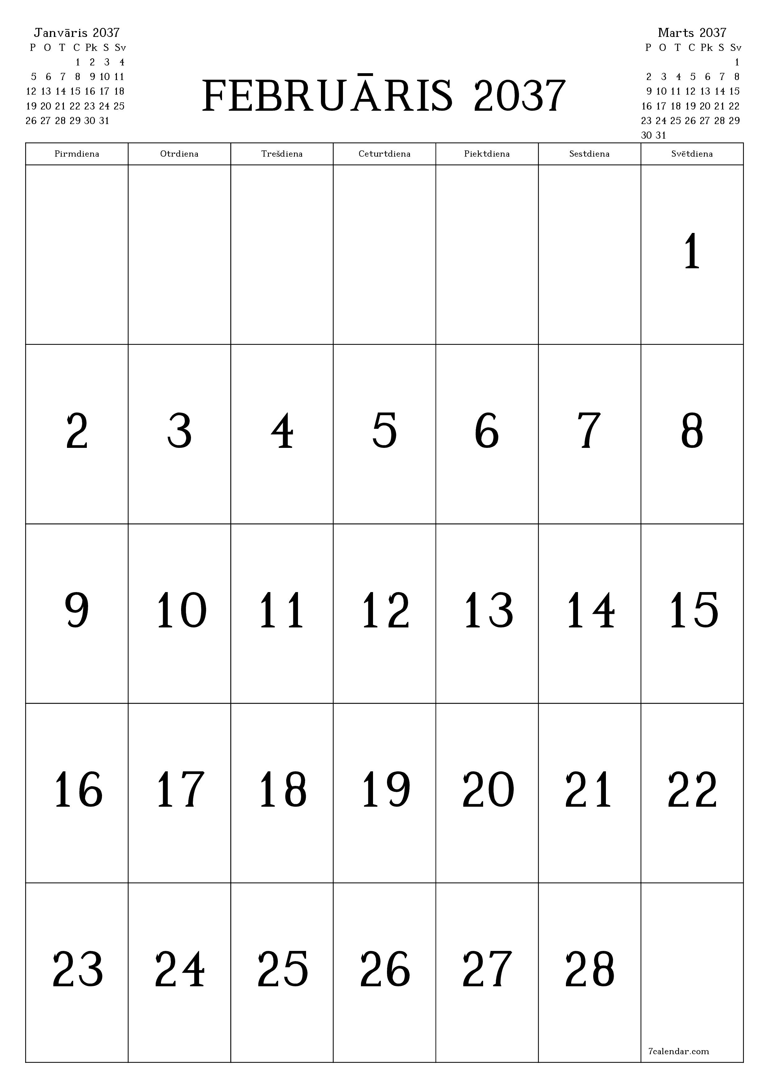 izdrukājams sienas kalendāra veidne bezmaksas vertikāli Mēneša kalendārs Februāris (Feb) 2037