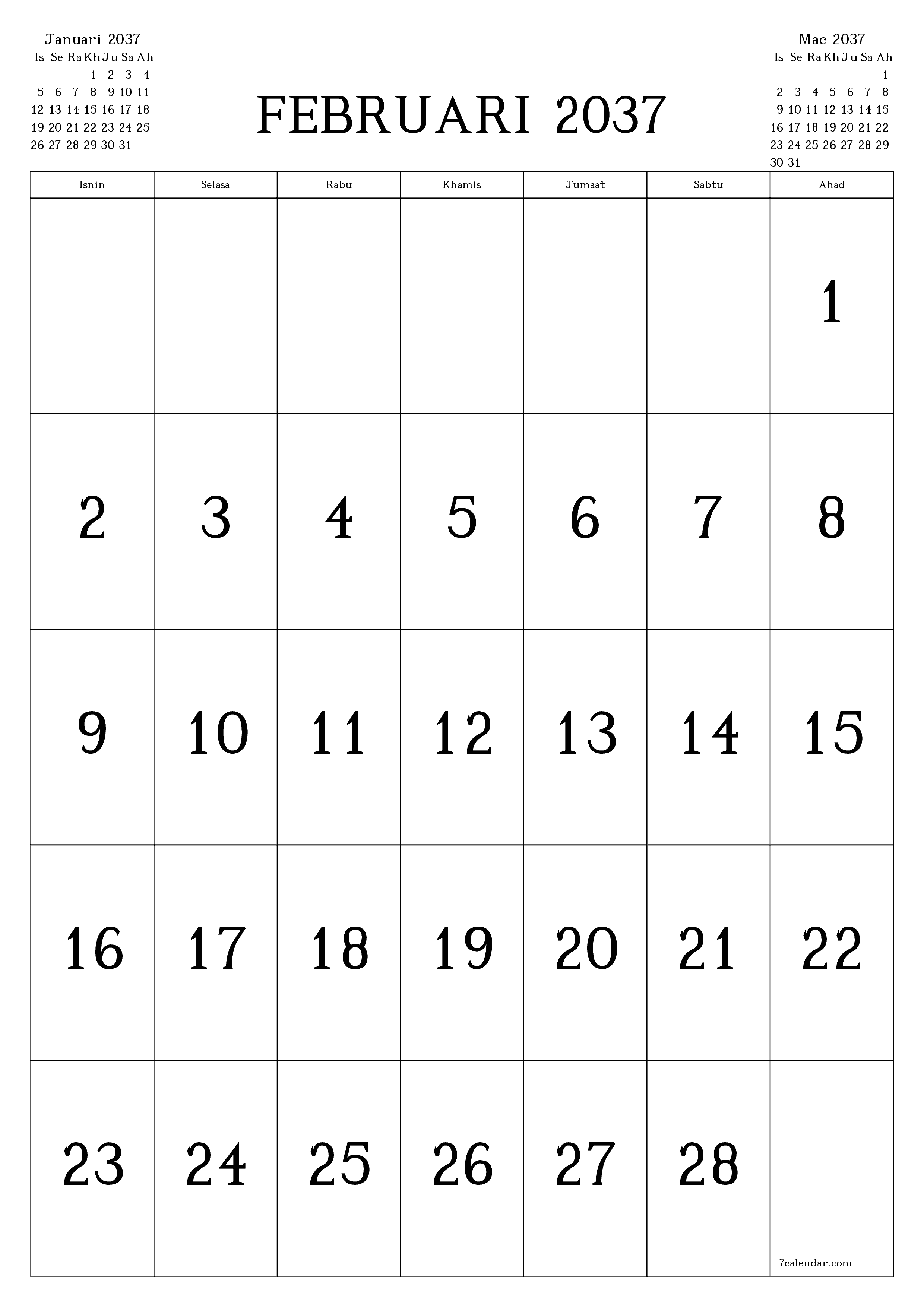 Perancang bulanan kosong untuk bulan Februari 2037 dengan nota, simpan dan cetak ke PDF PNG Malay