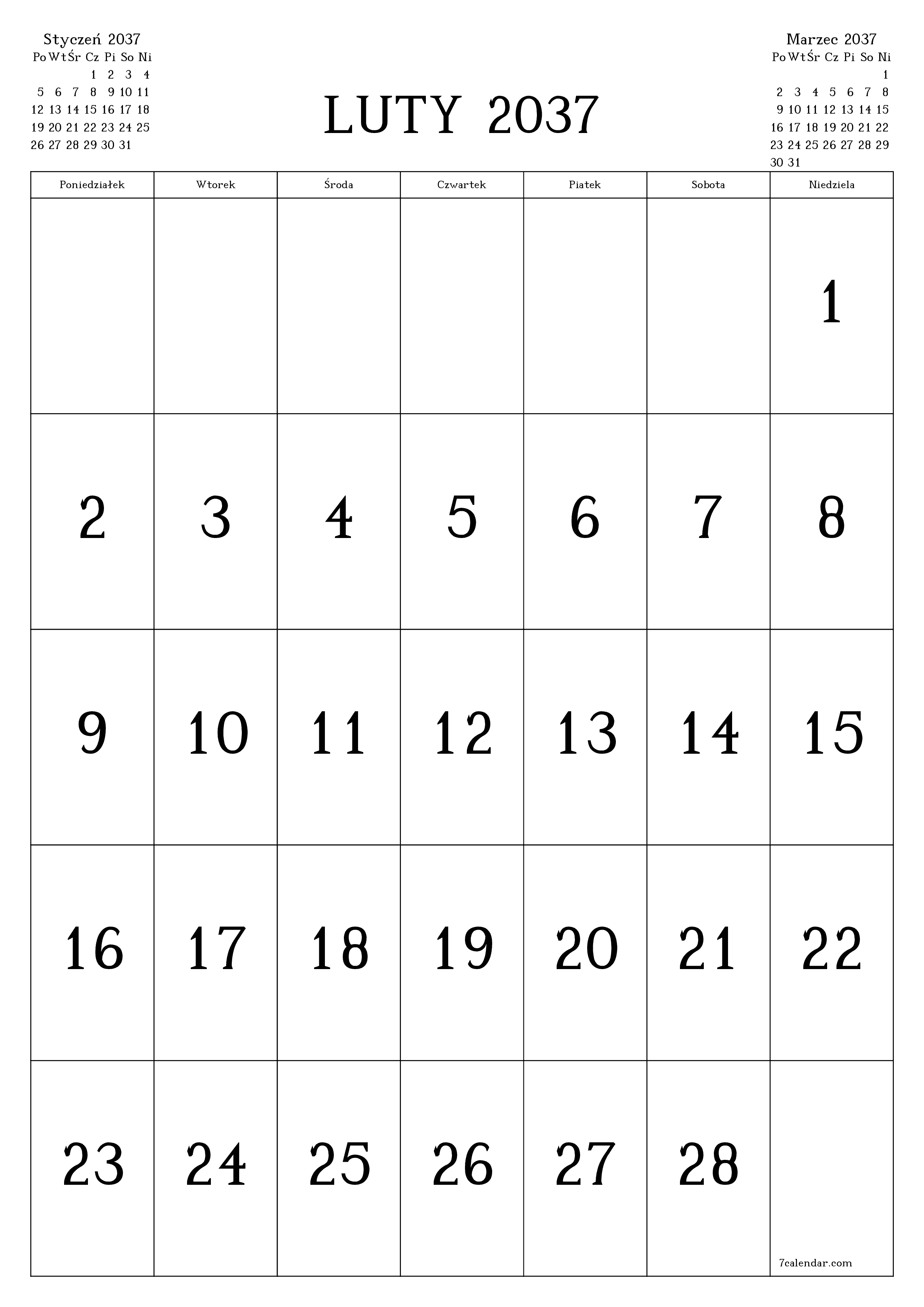  do druku ścienny szablon a darmowy pionowy Miesięczny kalendarz Luty (Lut) 2037