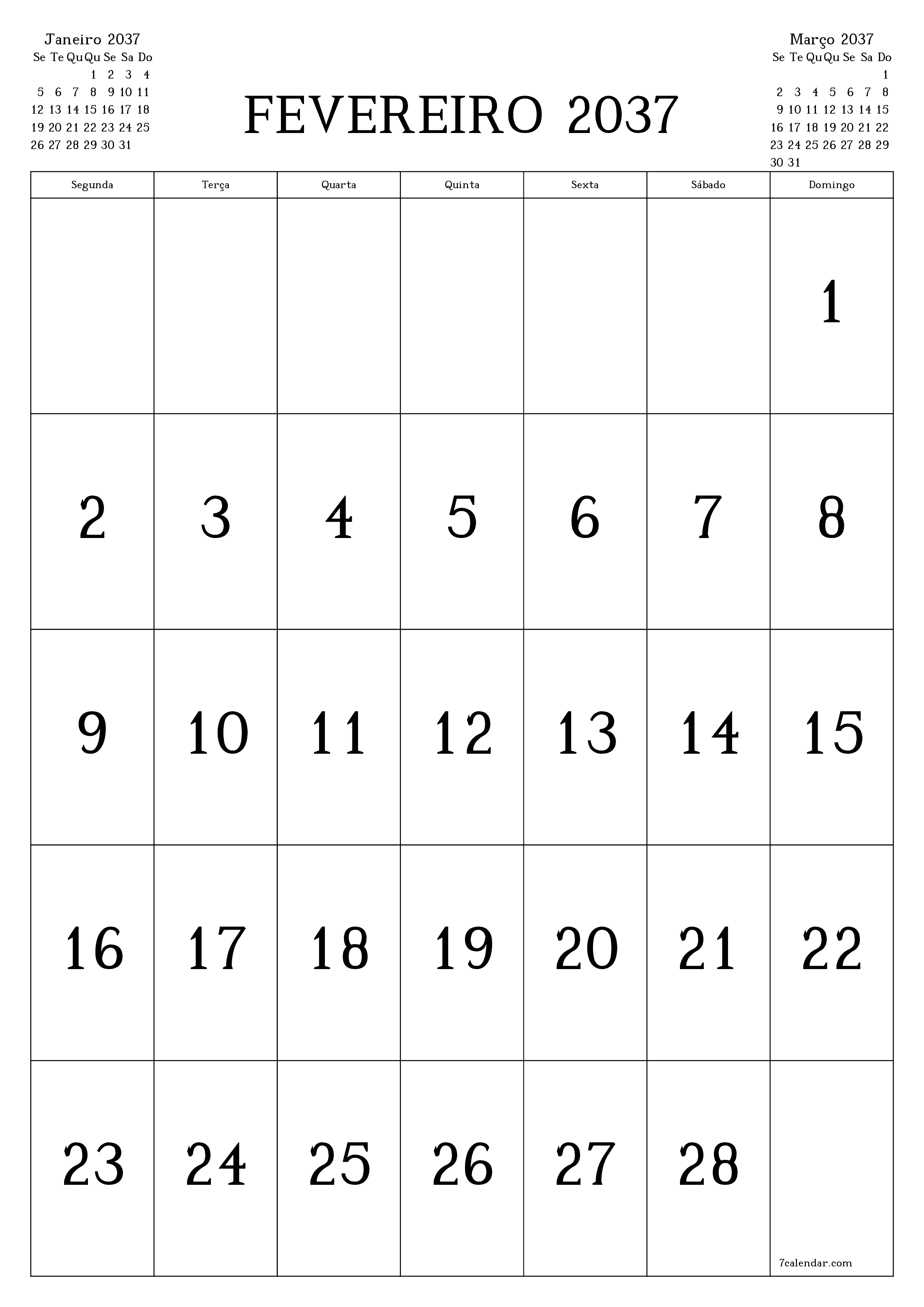  para impressão de parede modelo de grátisvertical Mensal calendário Fevereiro (Fev) 2037