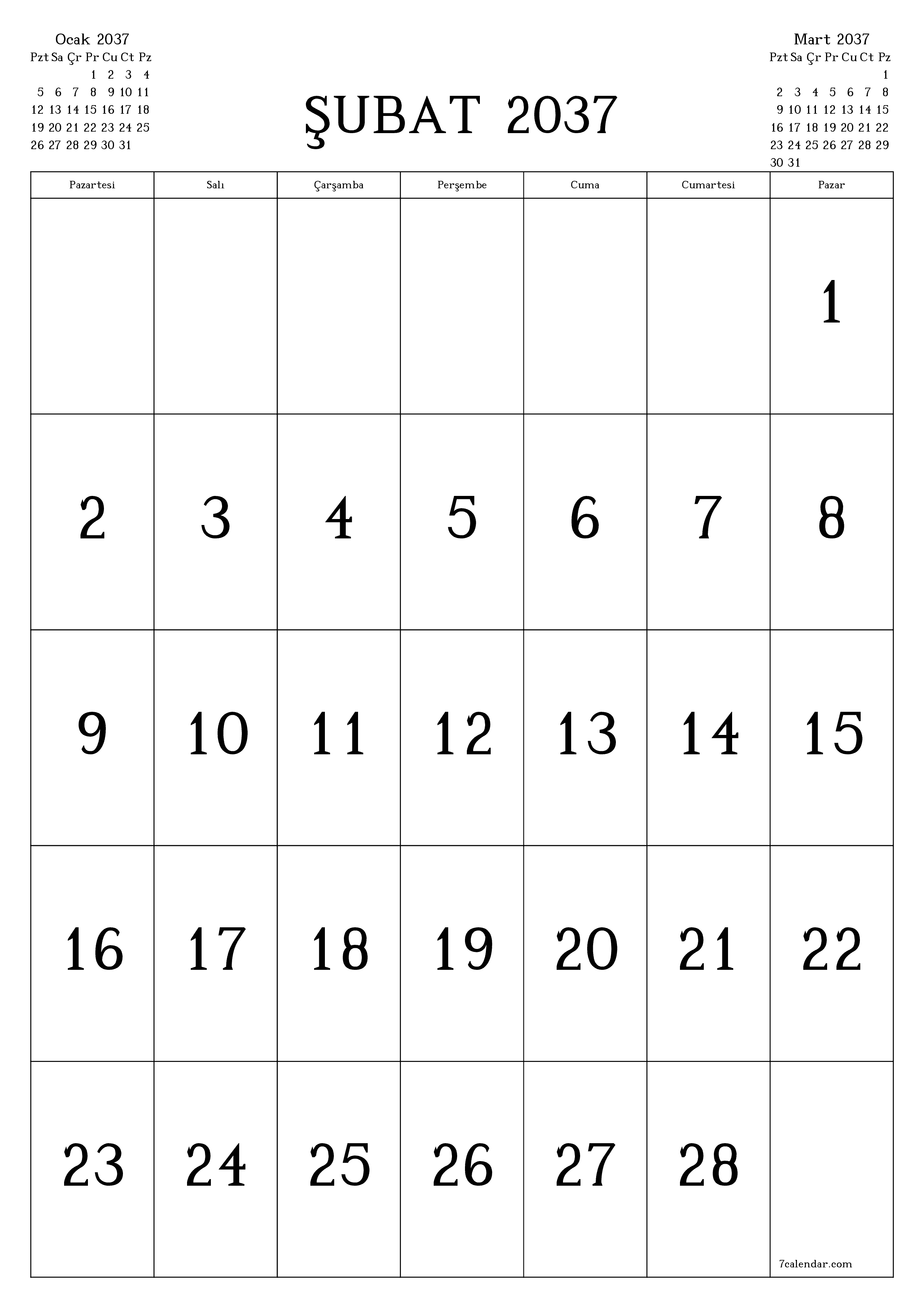 yazdırılabilir duvar i şablonu ücretsiz dikey Aylık takvim Şubat (Şub) 2037