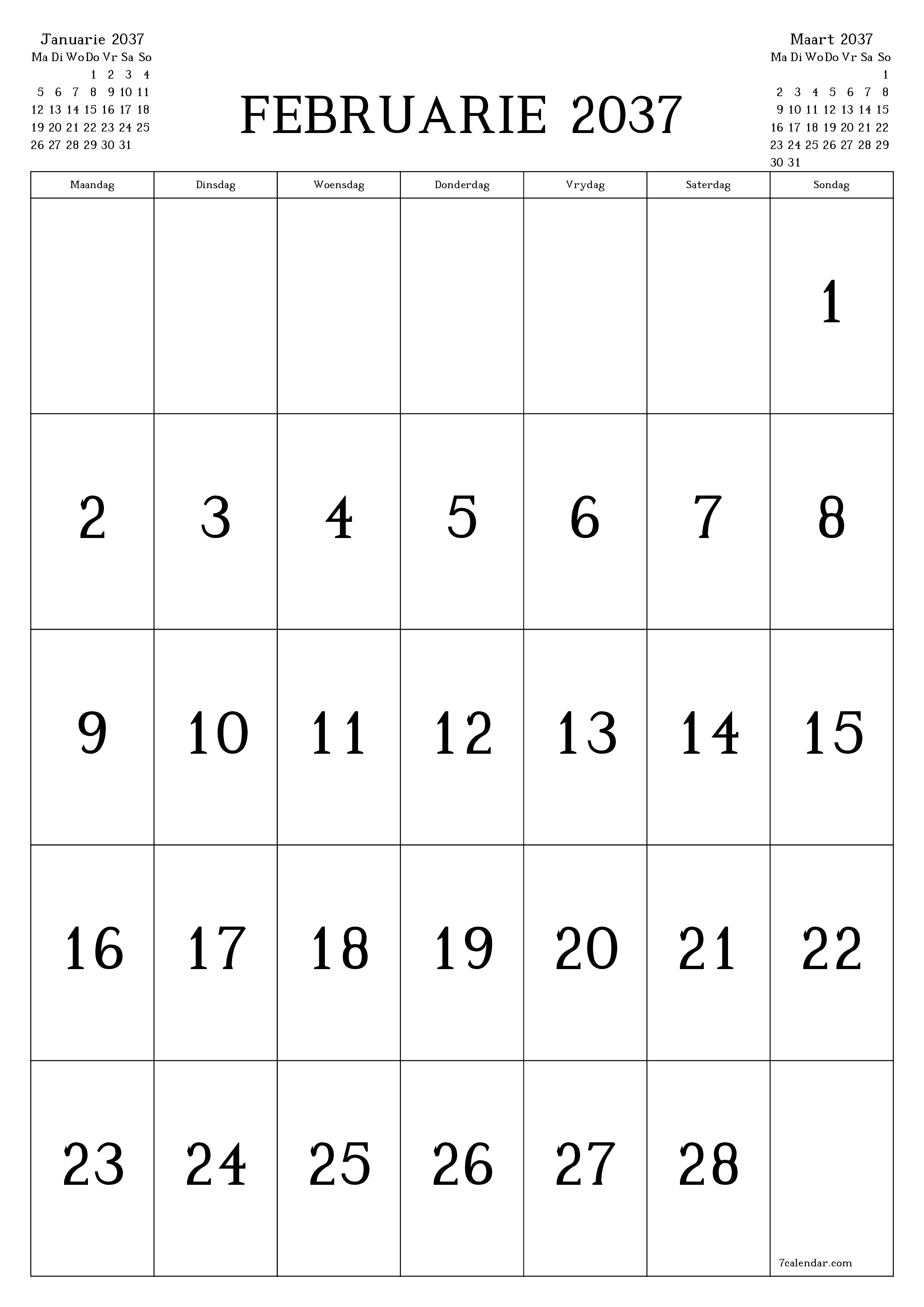 drukbare muur template gratis vertikaal Maandeliks kalender Februarie (Feb) 2037