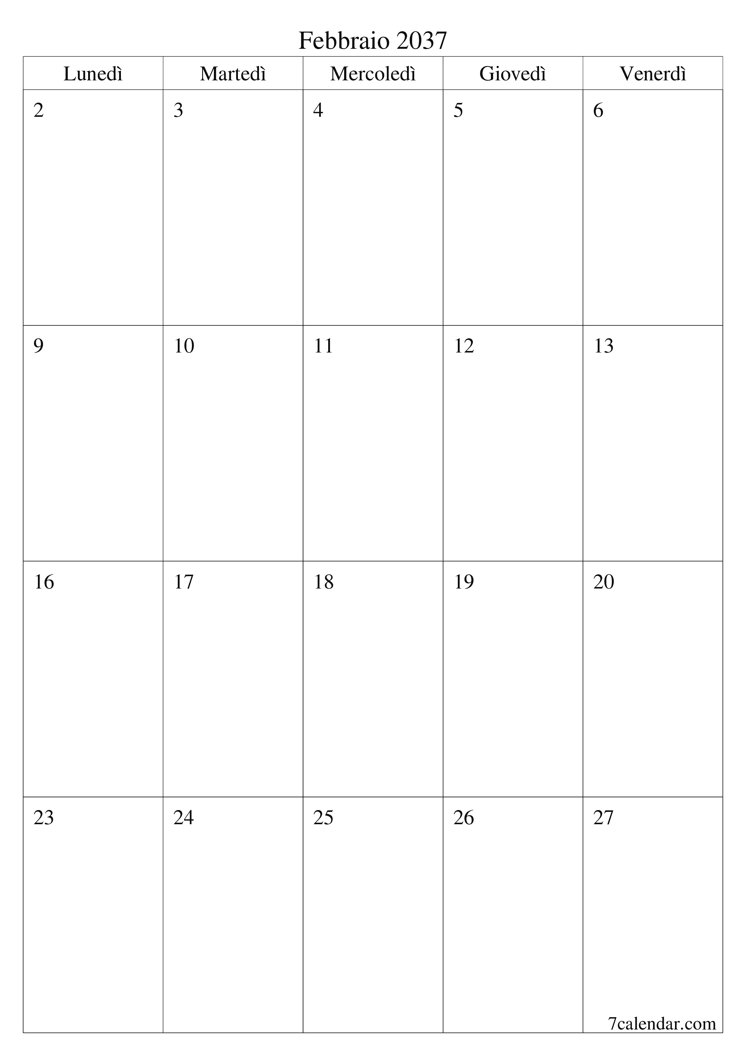  stampabile da parete modello di gratuitoverticale Mensile pianificatore calendario Febbraio (Feb) 2037