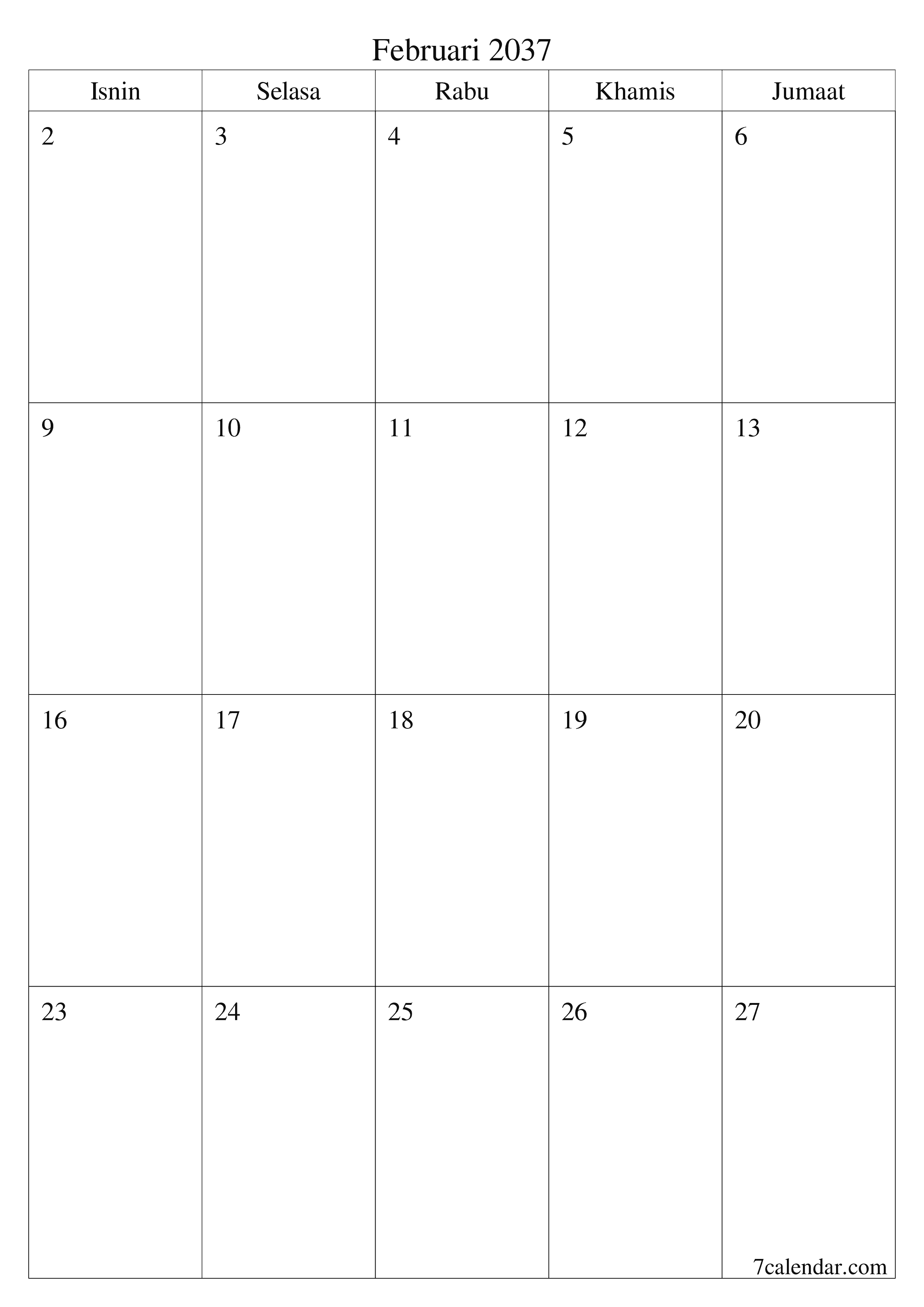  boleh cetak dinding templat percumamenegak Bulanan perancang kalendar Februari (Feb) 2037