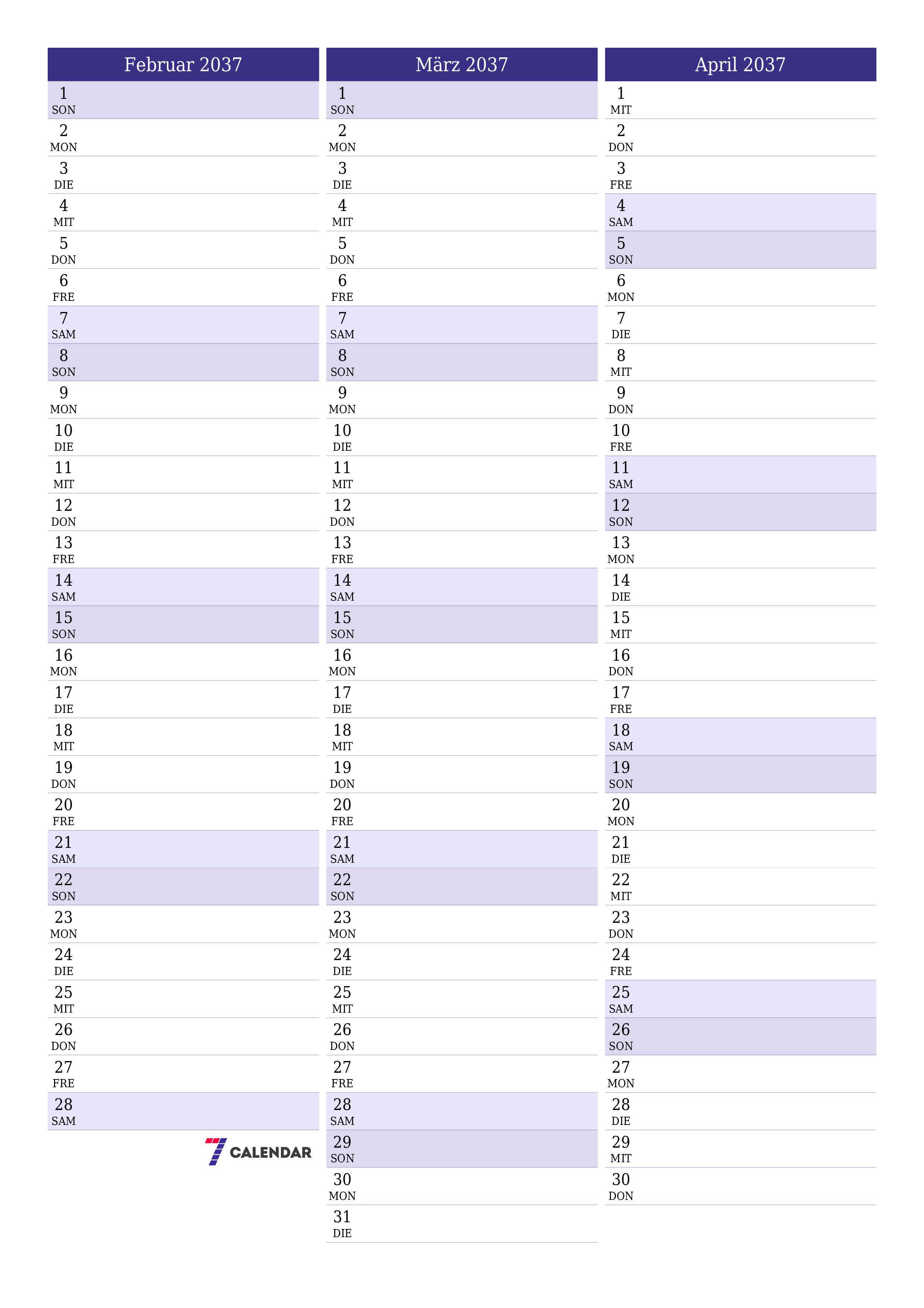  zum Ausdrucken Wandkalender vorlage kostenloser vertikal Monatlich Planer Kalender Februar (Feb) 2037