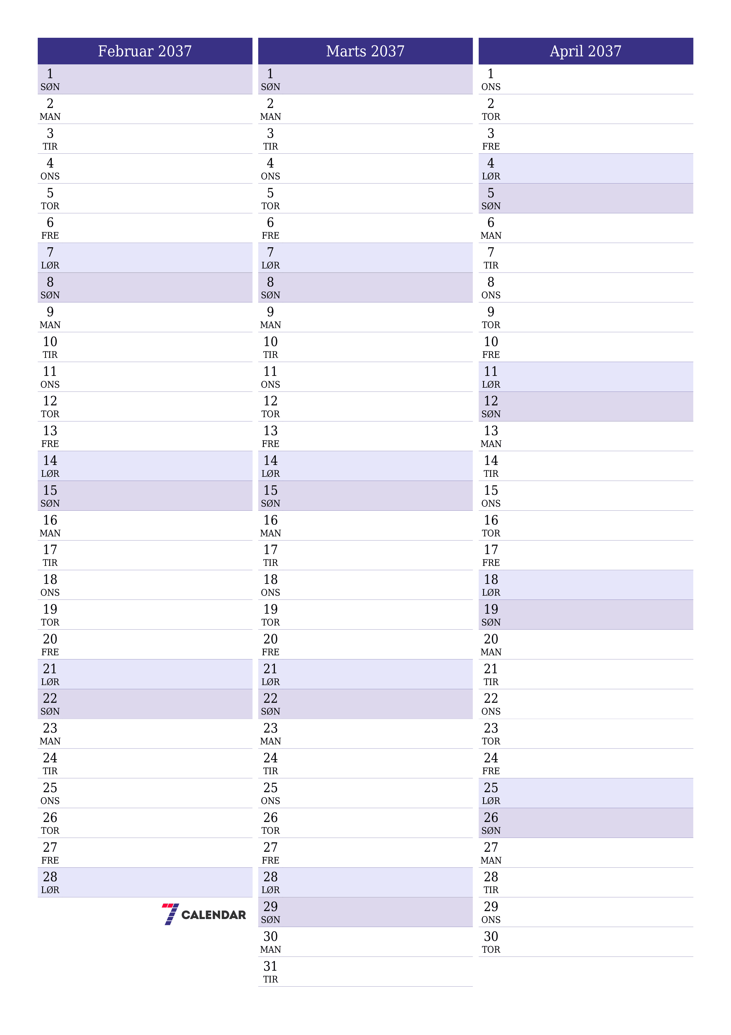 udskrivbar væg skabelon gratis lodret Månedlig planlægger kalender Februar (Feb) 2037