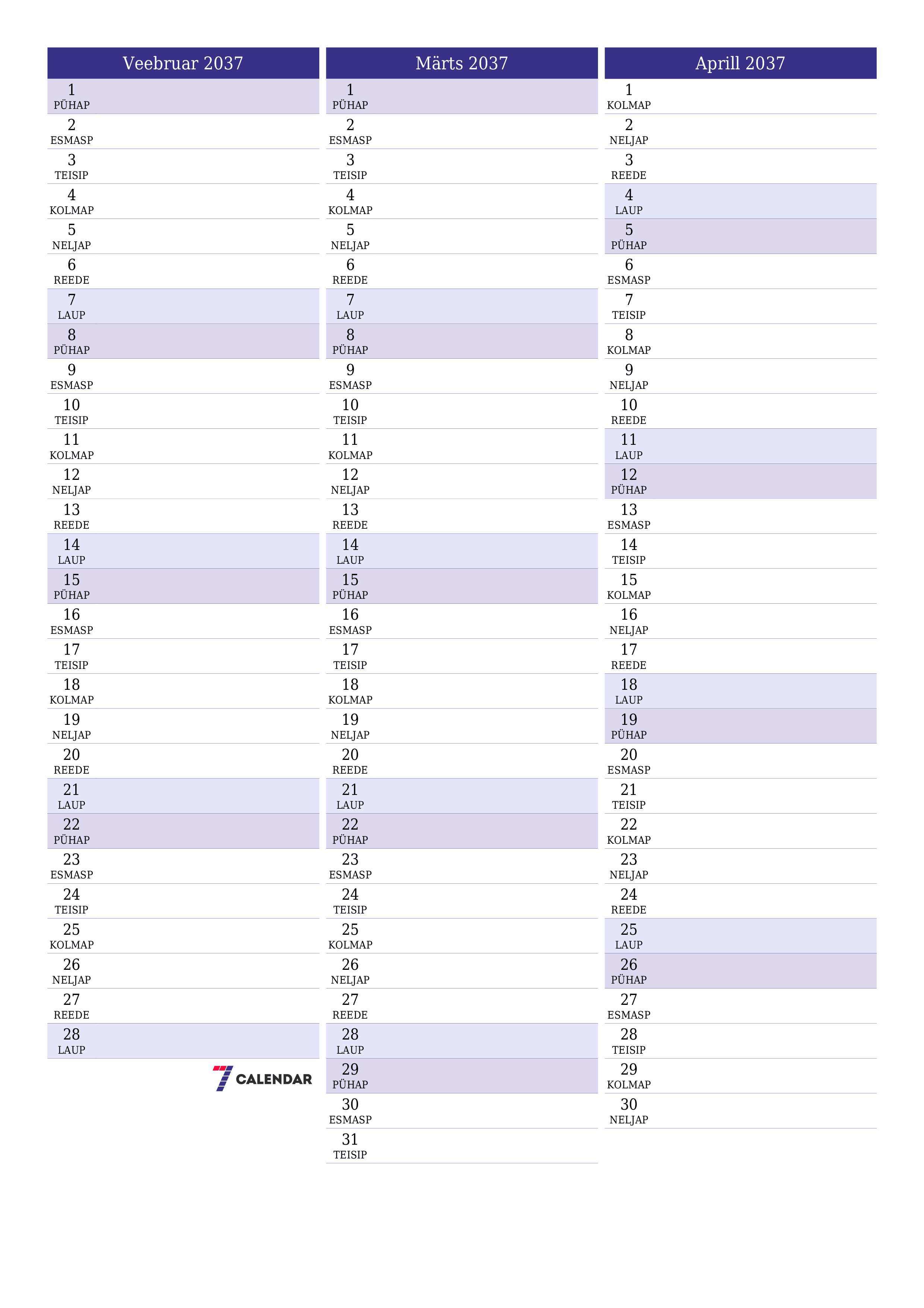 Tühjendage kuu Veebruar 2037 kuuplaneerija märkmetega, salvestage ja printige PDF-i PNG Estonian