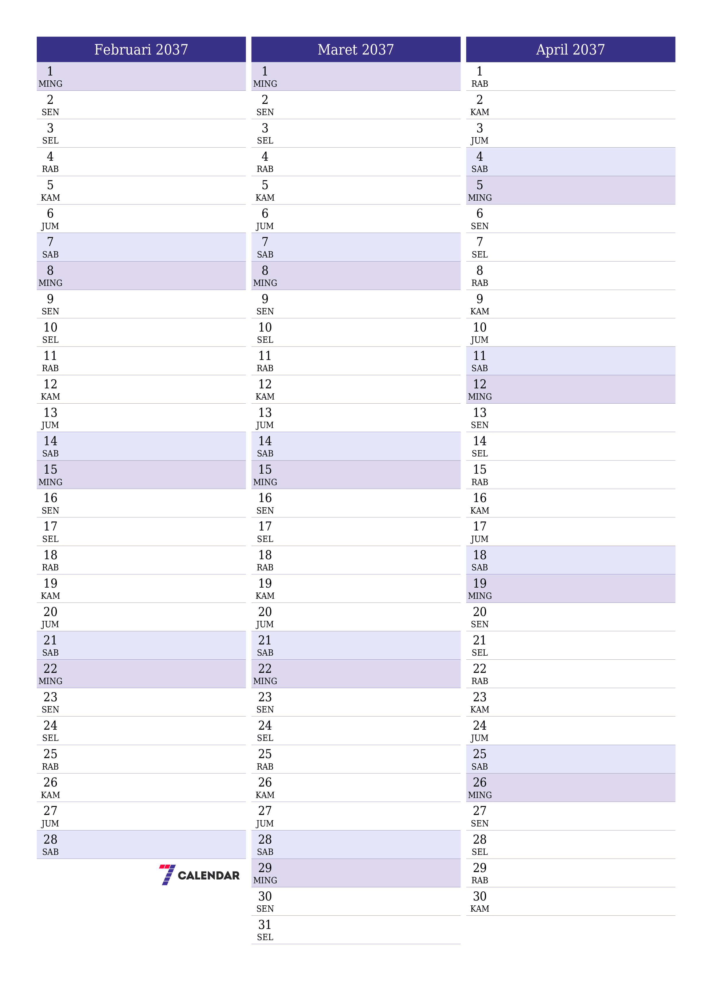 Kosongkan agenda bulanan untuk bulan Februari 2037 dengan catatan, simpan dan cetak ke PDF PNG Indonesian