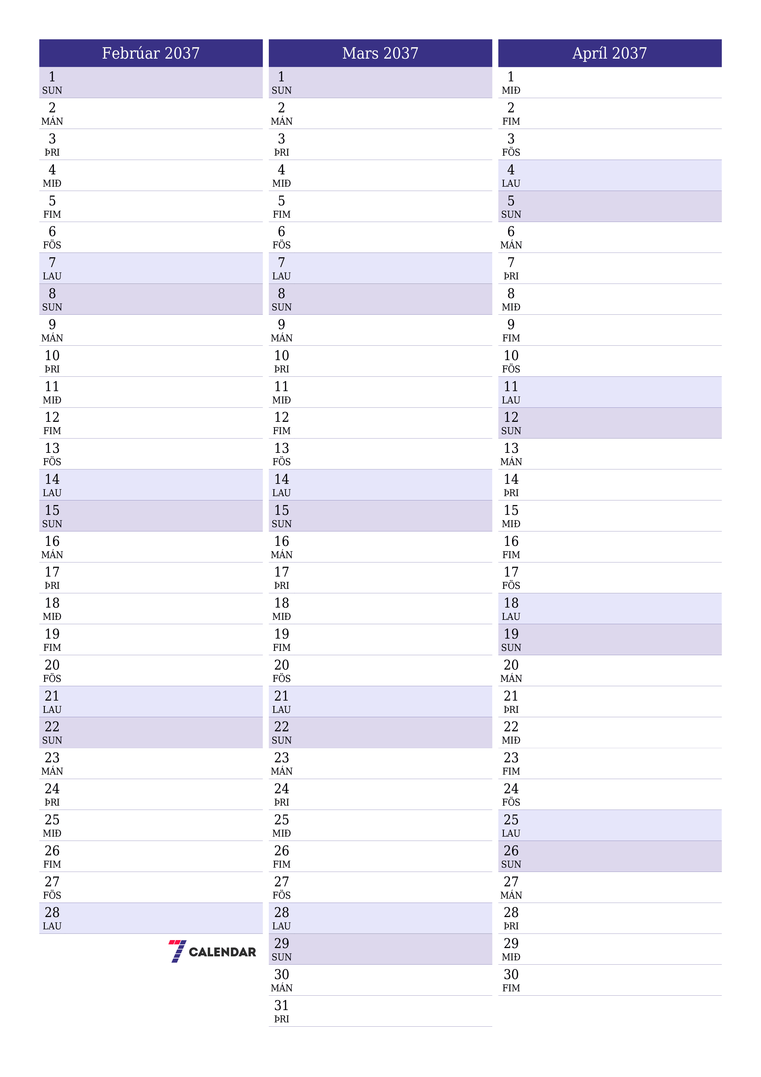 Tómur mánaðarlegur skipuleggjandi fyrir mánuðinn Febrúar 2037 með athugasemdum, vista og prenta á PDF PNG Icelandic