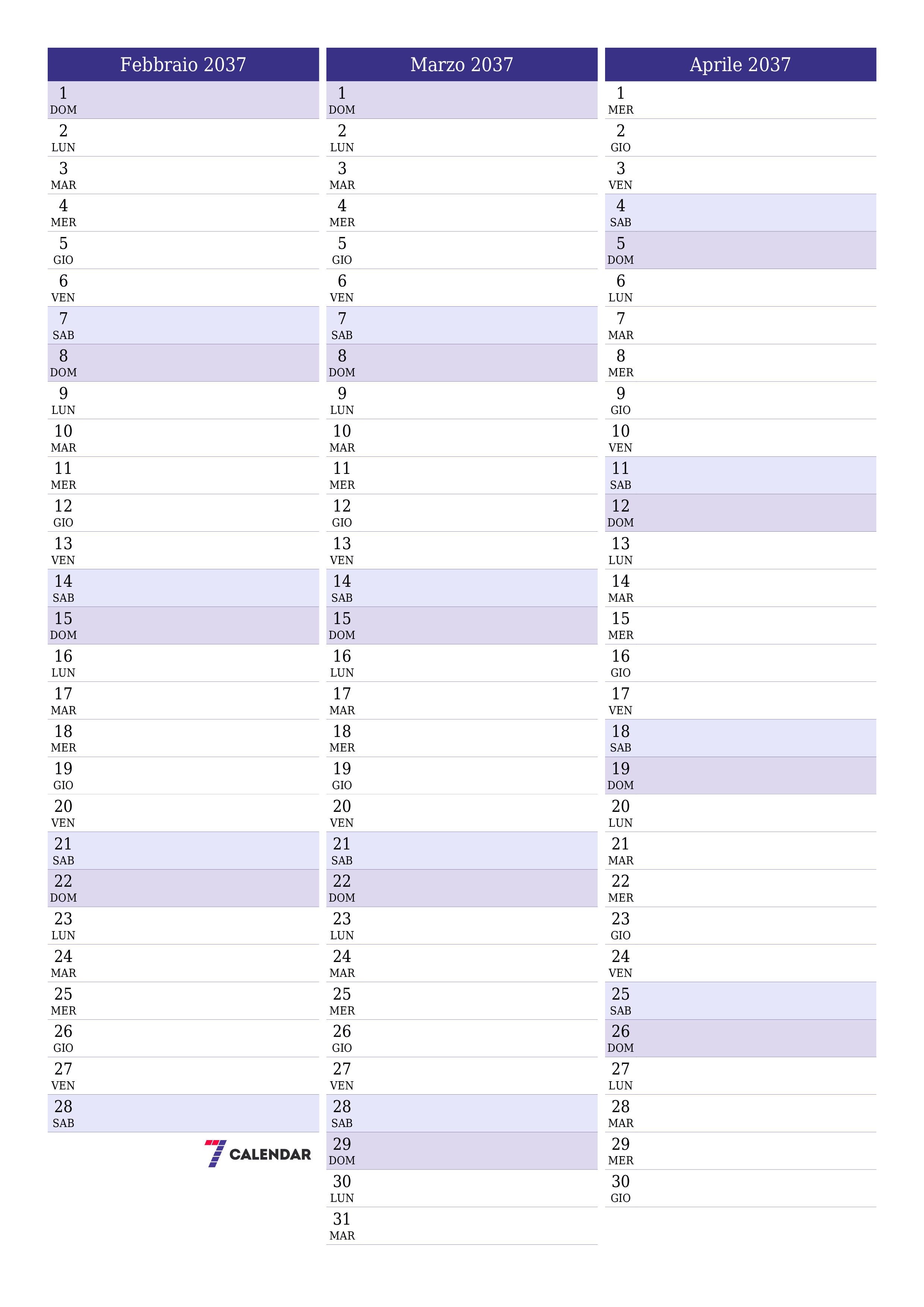  stampabile da parete modello di gratuitoverticale Mensile pianificatore calendario Febbraio (Feb) 2037