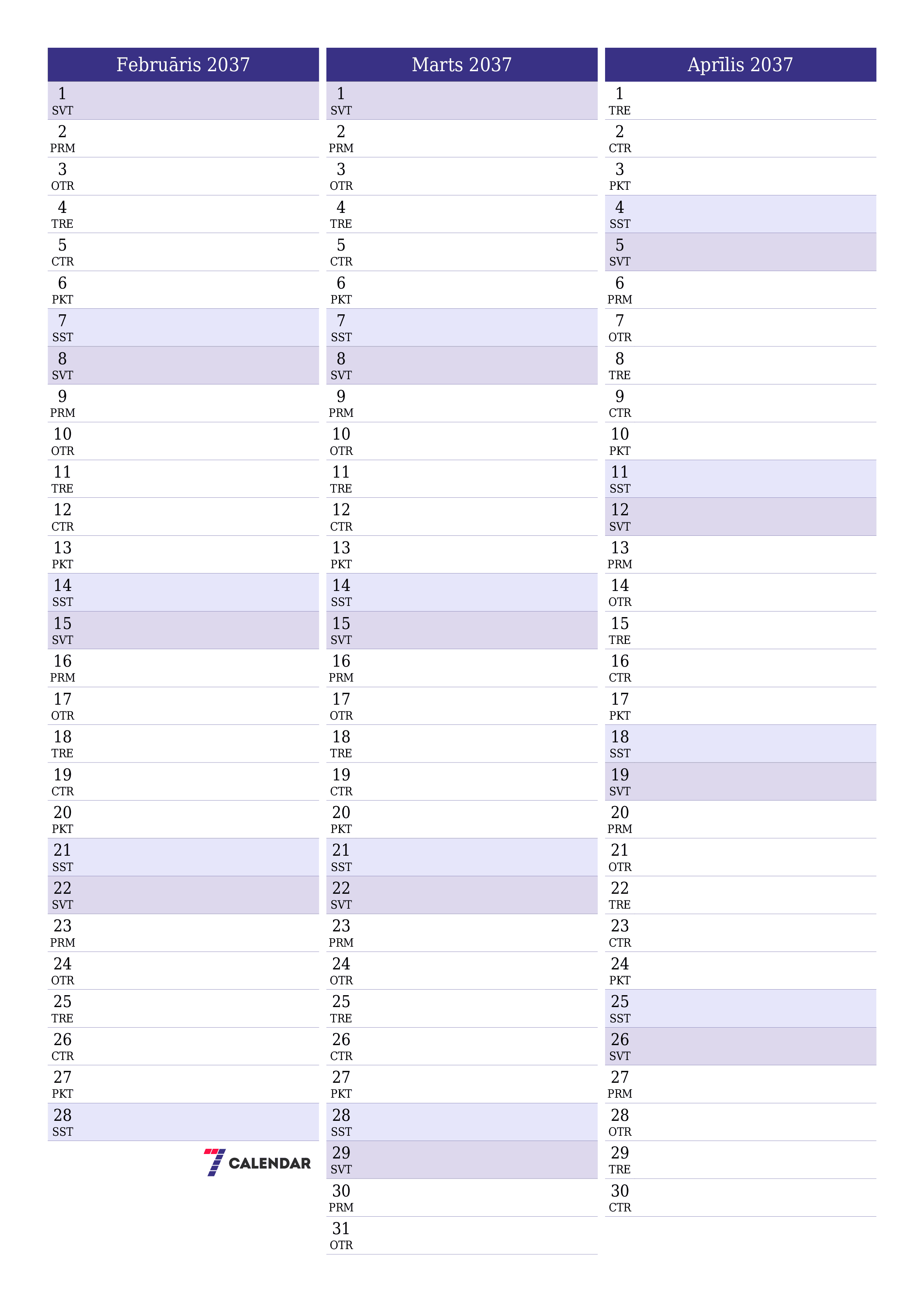 Iztukšot mēneša plānotāju mēnesim Februāris 2037 ar piezīmēm, saglabāt un izdrukāt PDF formātā PNG Latvian