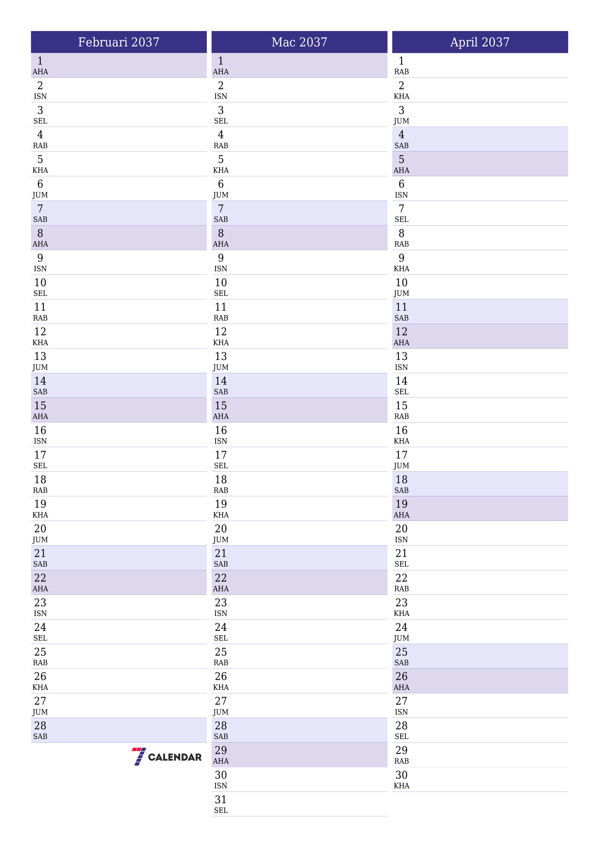  boleh cetak dinding templat percumamenegak Bulanan perancang kalendar Februari (Feb) 2037