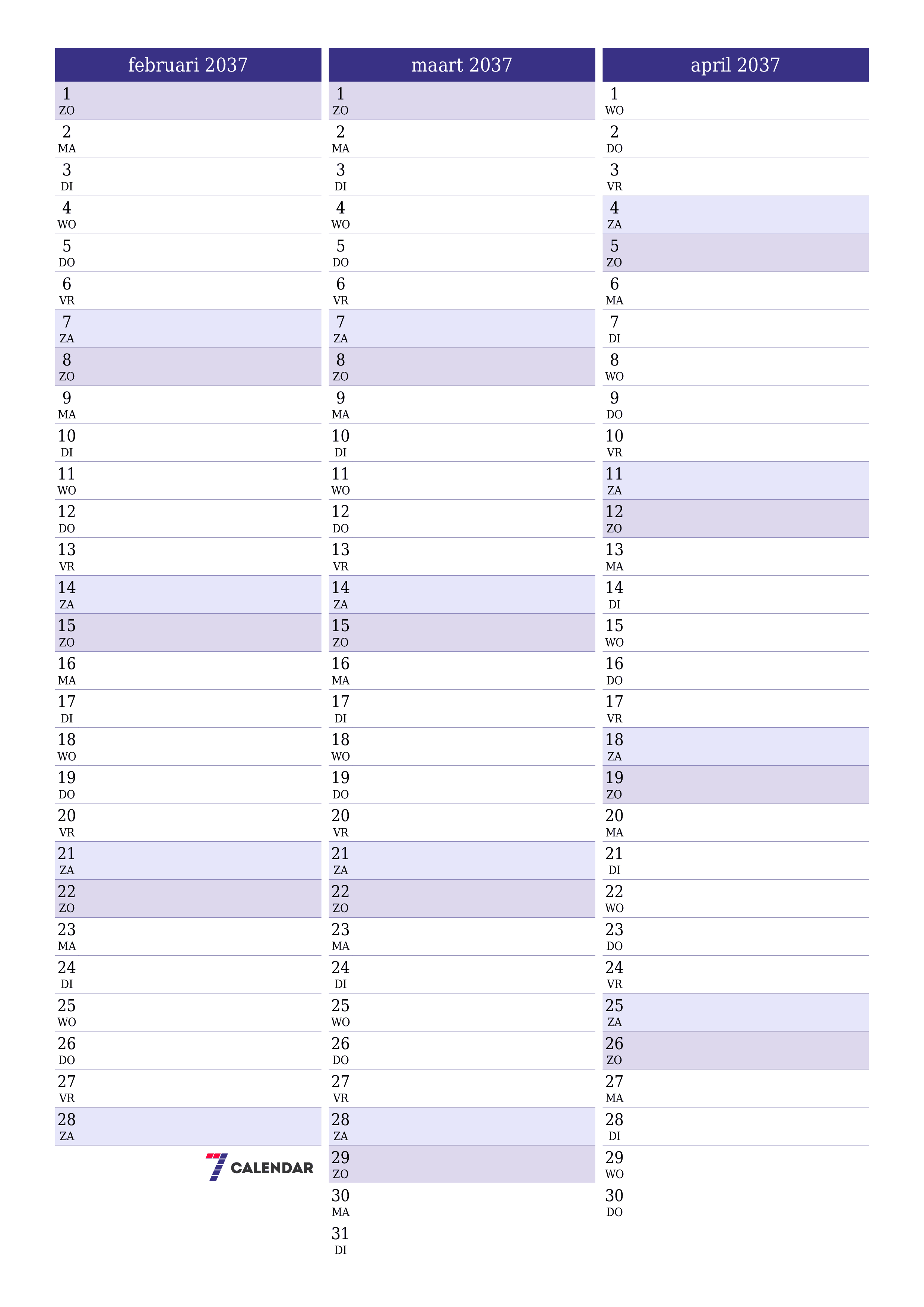 afdrukbare muur sjabloon gratis verticaal Maandelijks planner kalender februari (feb) 2037