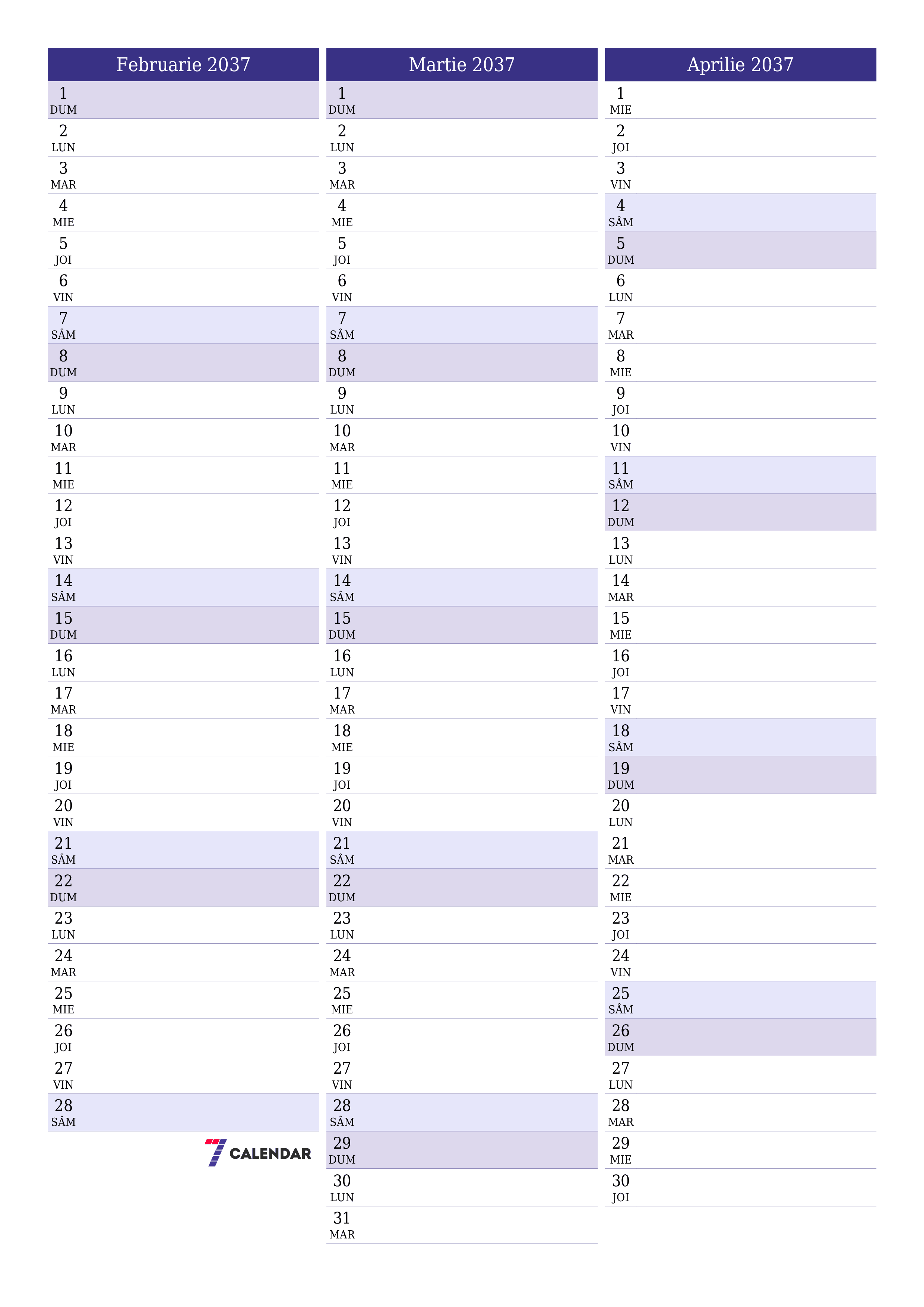  imprimabil de perete șablon de gratuitvertical Lunar planificator calendar Februarie (Feb) 2037