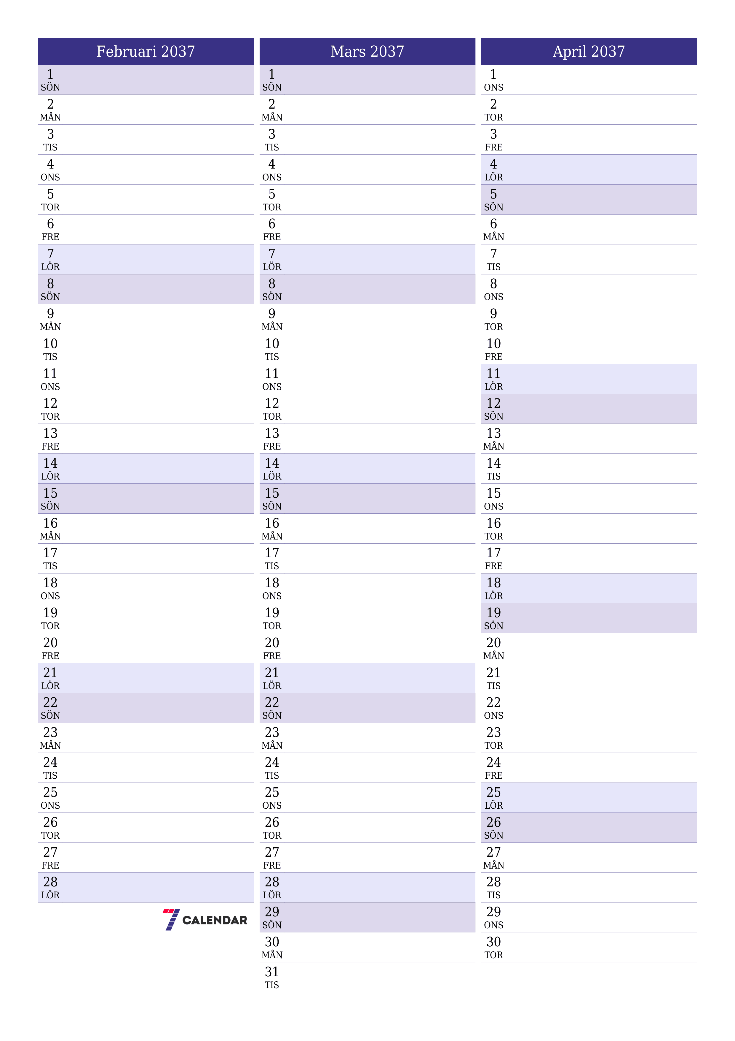 Tom månadsplanerare för månad Februari 2037 med anteckningar, spara och skriv ut till PDF PNG Swedish