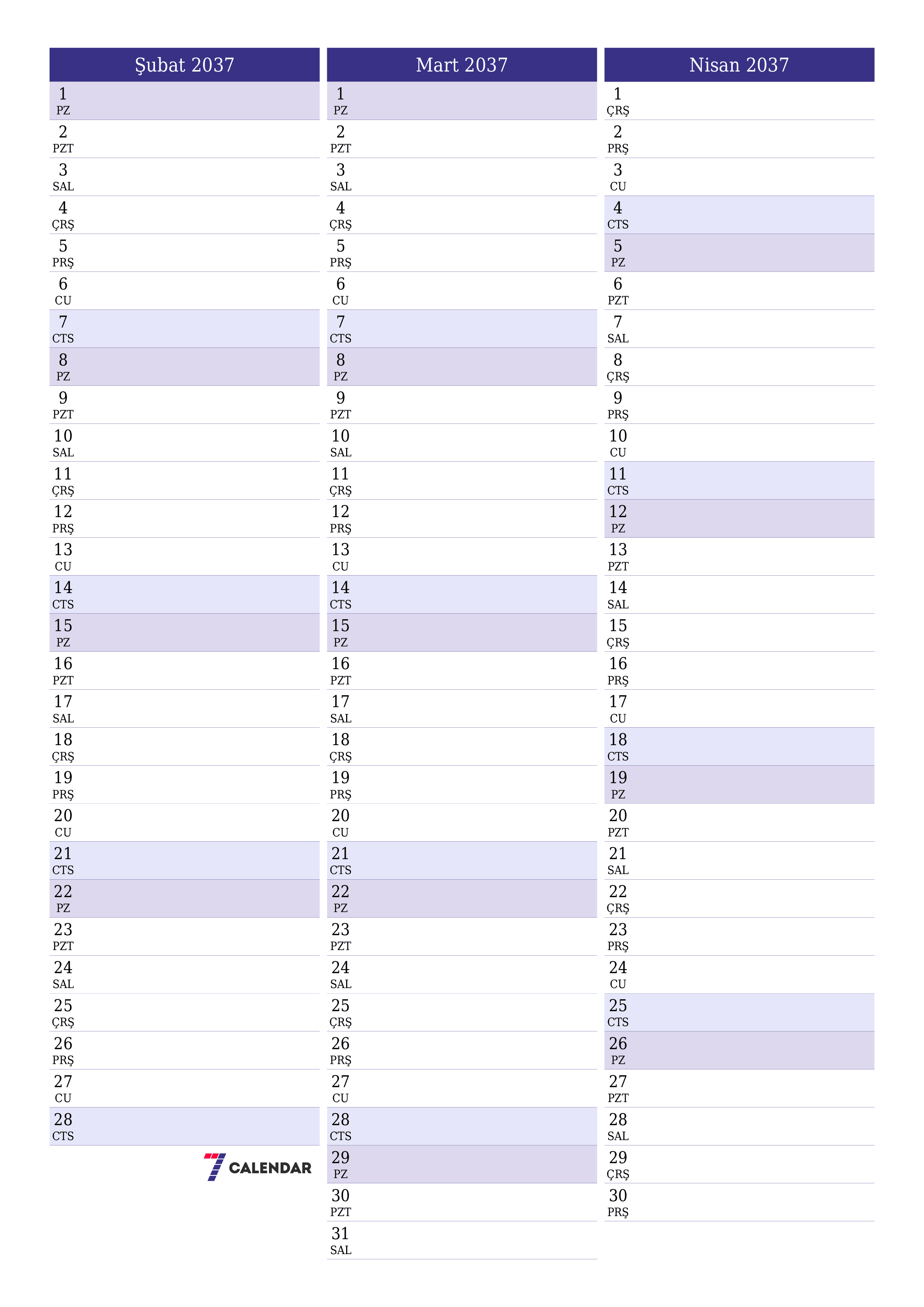 yazdırılabilir duvar i şablonu ücretsiz dikey Aylık planlayıcı takvim Şubat (Şub) 2037