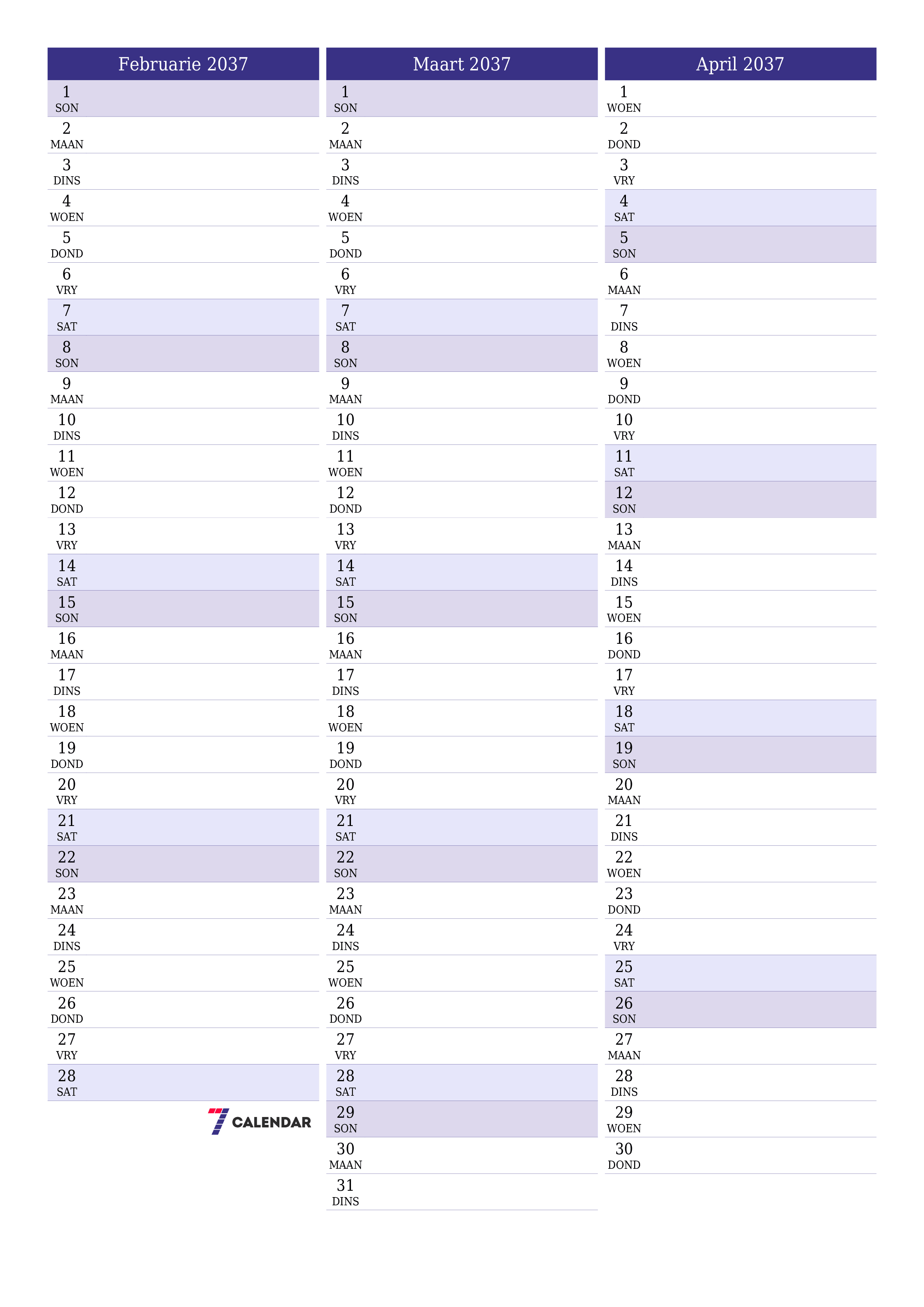 drukbare muur template gratis vertikaal Maandeliks beplanner kalender Februarie (Feb) 2037