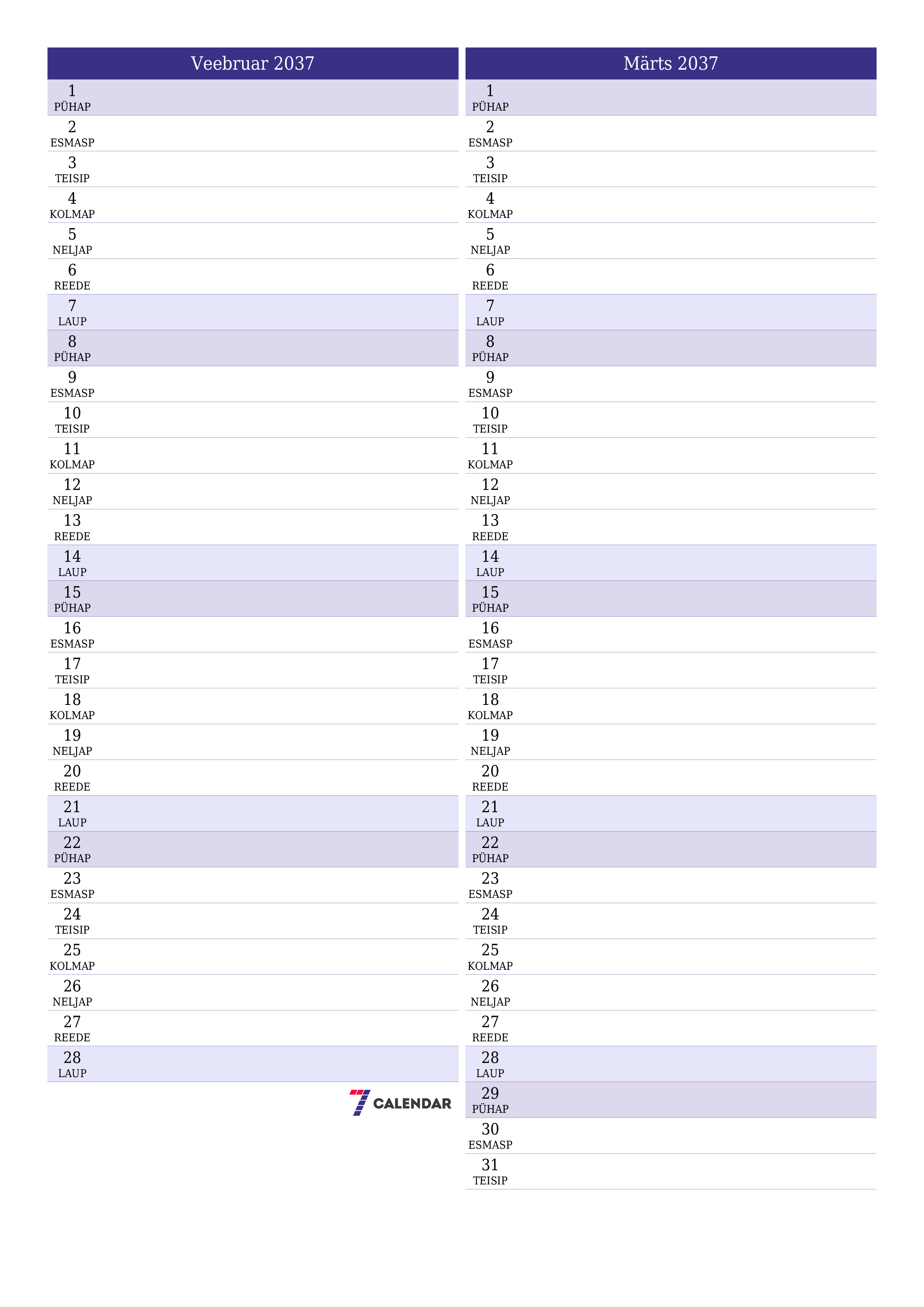 Tühjendage kuu Veebruar 2037 kuuplaneerija märkmetega, salvestage ja printige PDF-i PNG Estonian