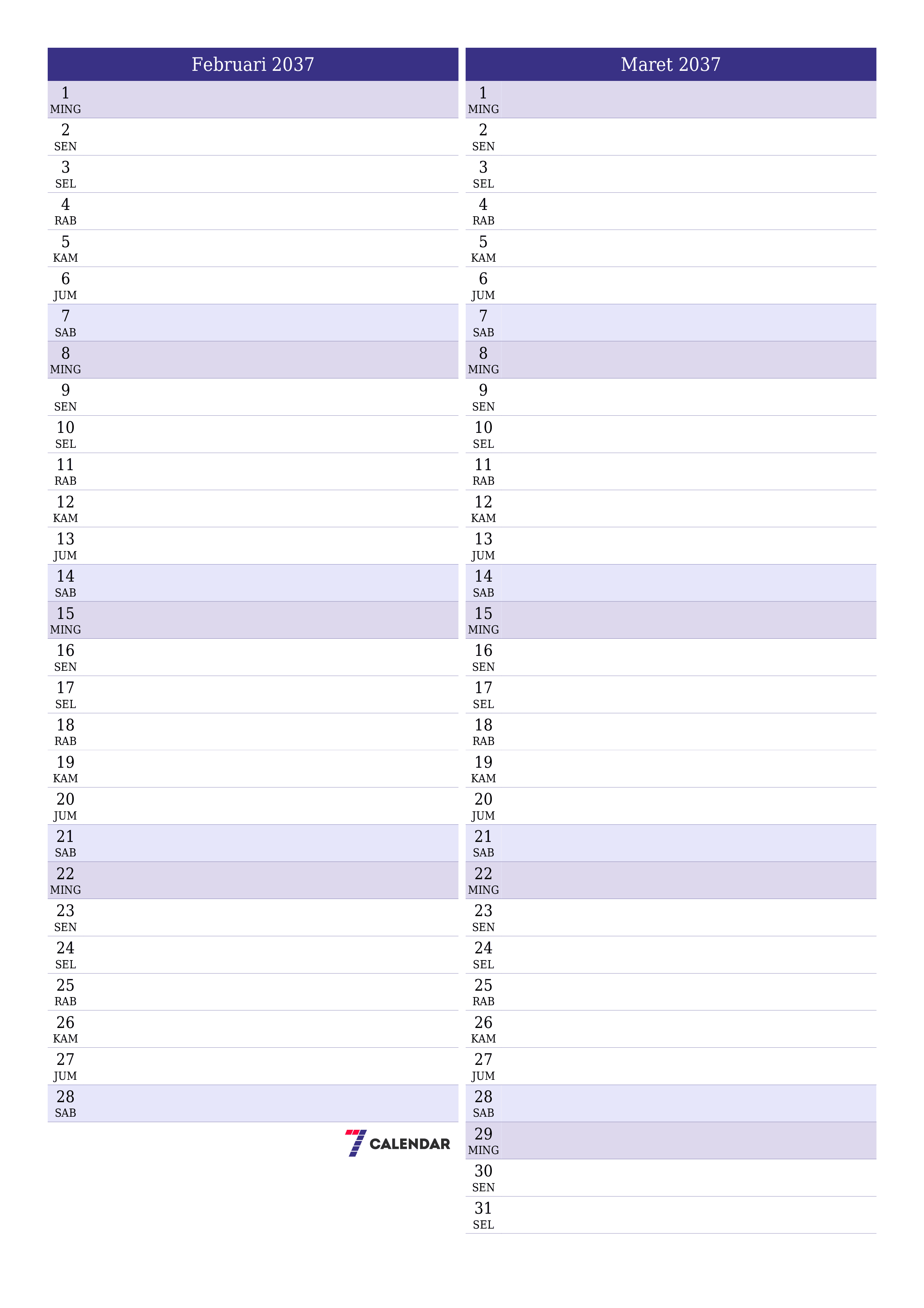Kosongkan agenda bulanan untuk bulan Februari 2037 dengan catatan, simpan dan cetak ke PDF PNG Indonesian