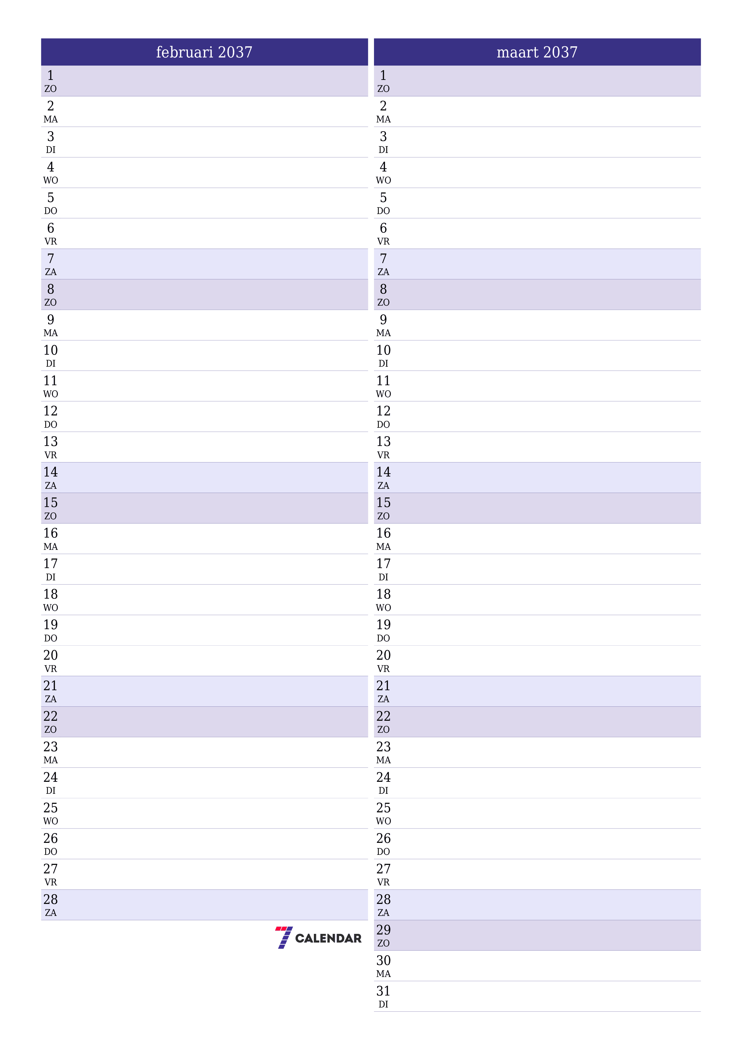 afdrukbare muur sjabloon gratis verticaal Maandelijks planner kalender februari (feb) 2037