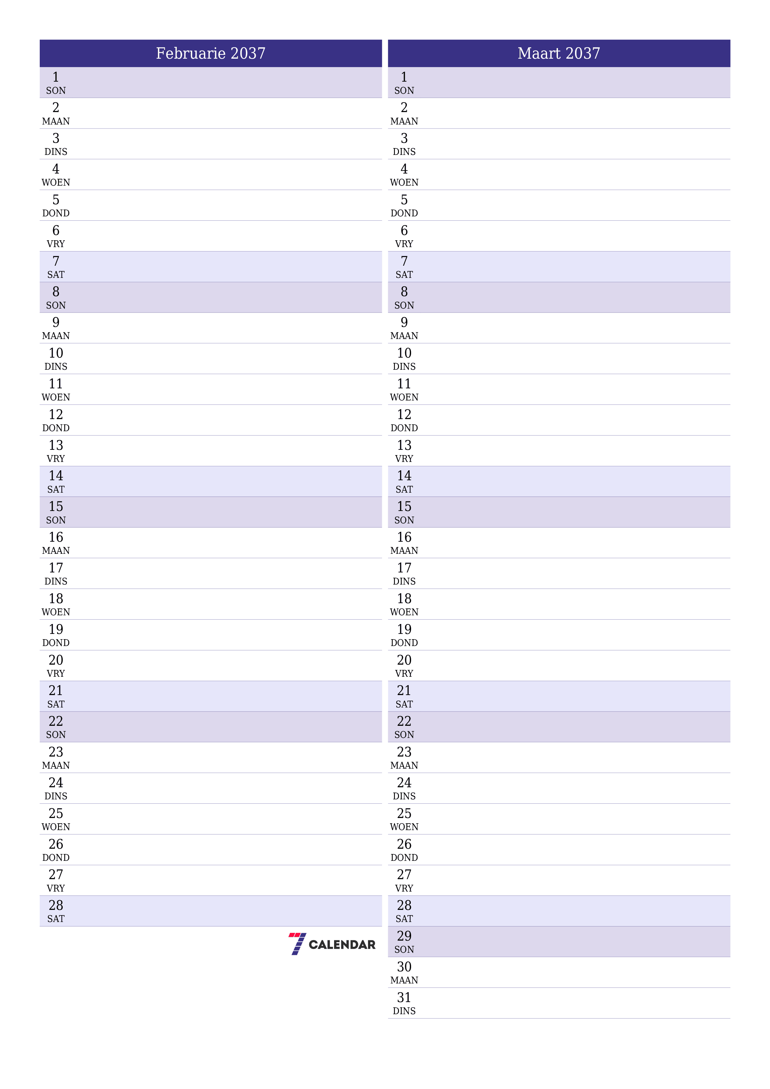 drukbare muur template gratis vertikaal Maandeliks beplanner kalender Februarie (Feb) 2037
