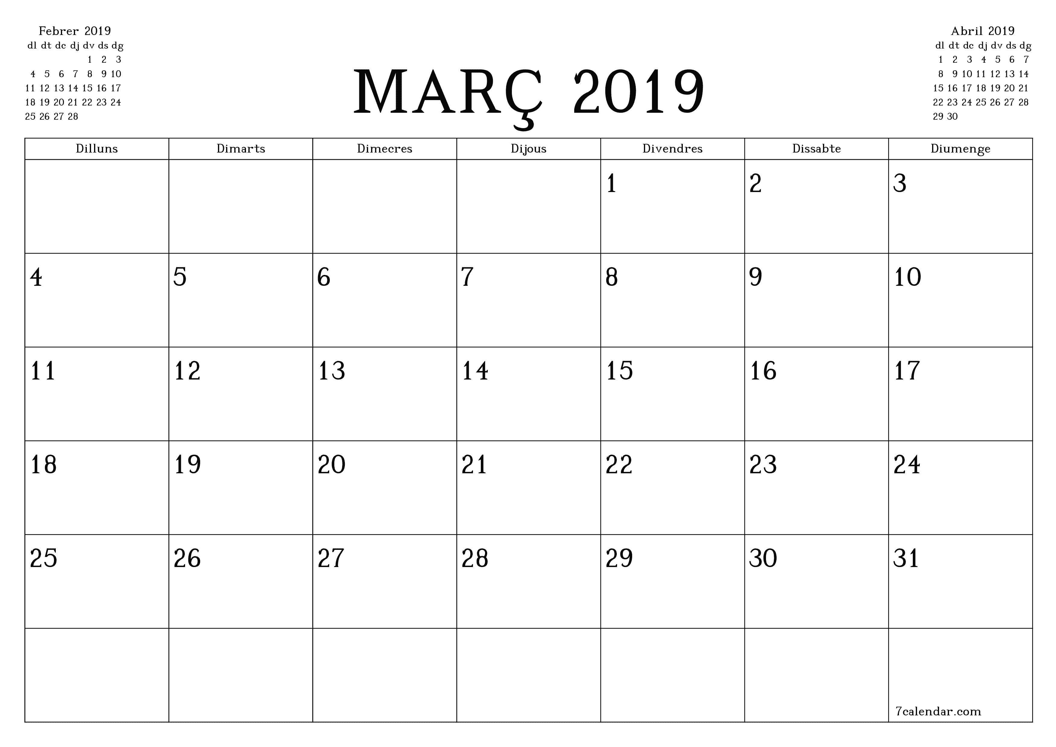  imprimible de paret plantilla de gratuïthoritzontal Mensual planificador calendari Març (Mar) 2019