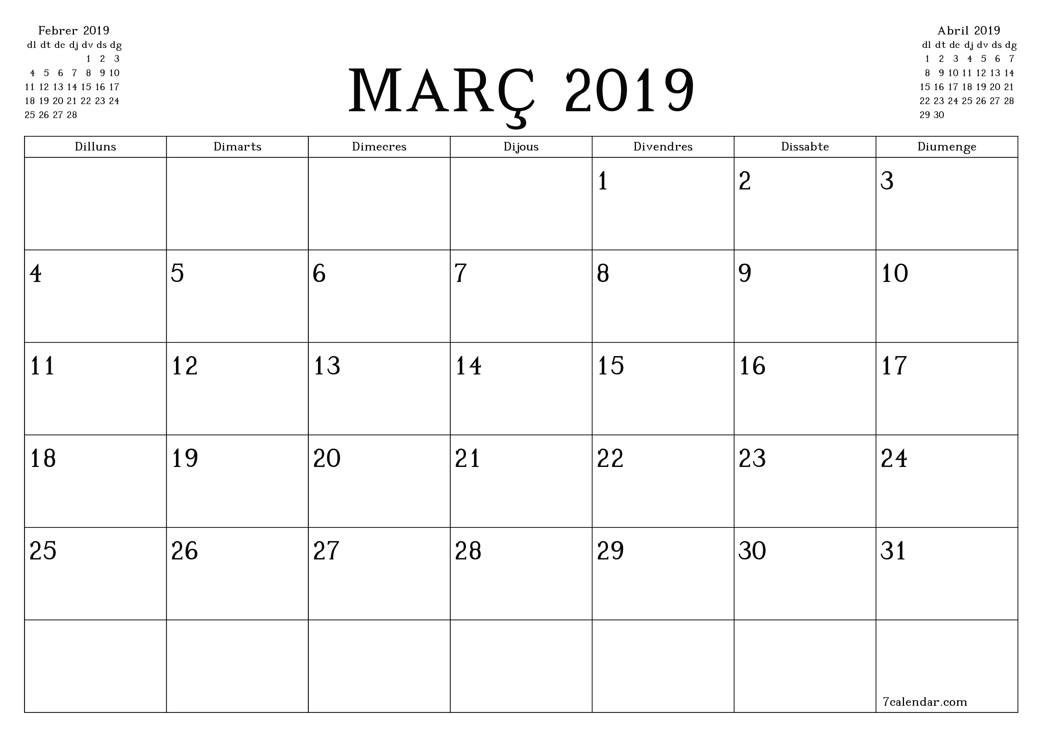 Planificador mensual buit del mes Març 2019 amb notes, deseu-lo i imprimiu-lo en format PDF PNG Catalan