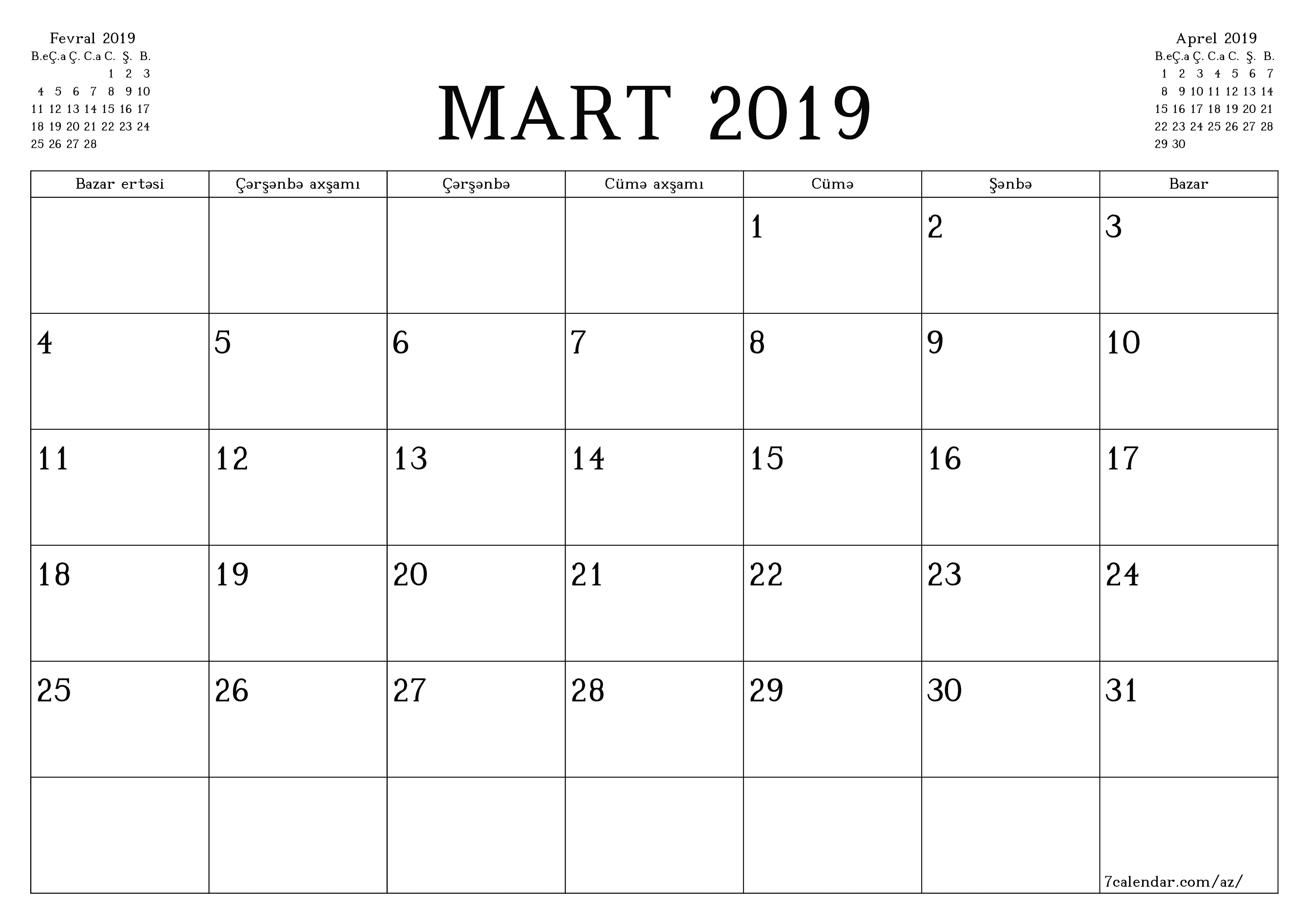 Mart 2019 ayı üçün qeydlər ilə boş aylıq planlayıcı, qeyd edin və PDF-ə yazdırın PNG Azerbaijani