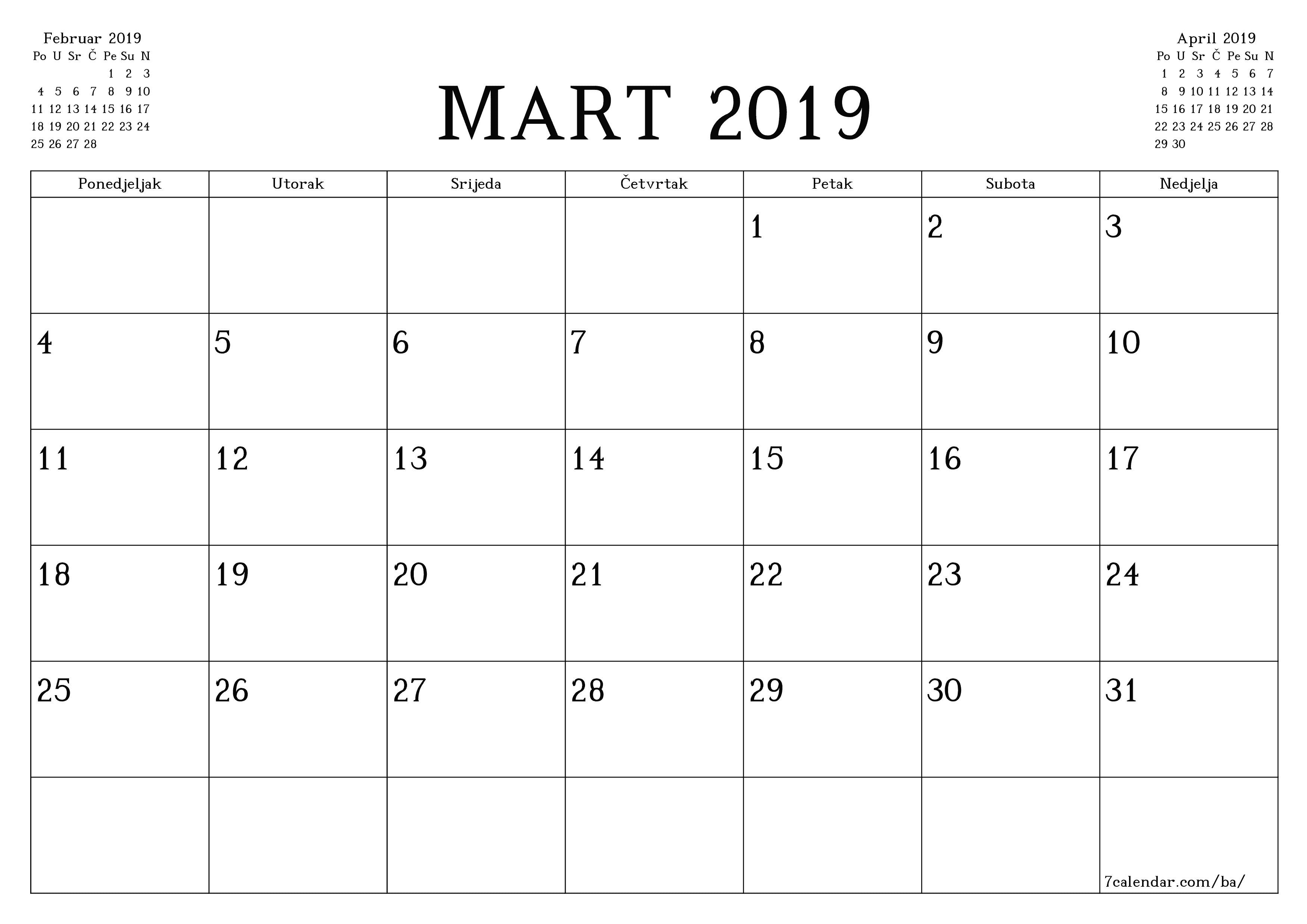 Ispraznite mjesečni planer za mjesec Mart 2019 s bilješkama, spremite i ispišite u PDF PNG Bosnian