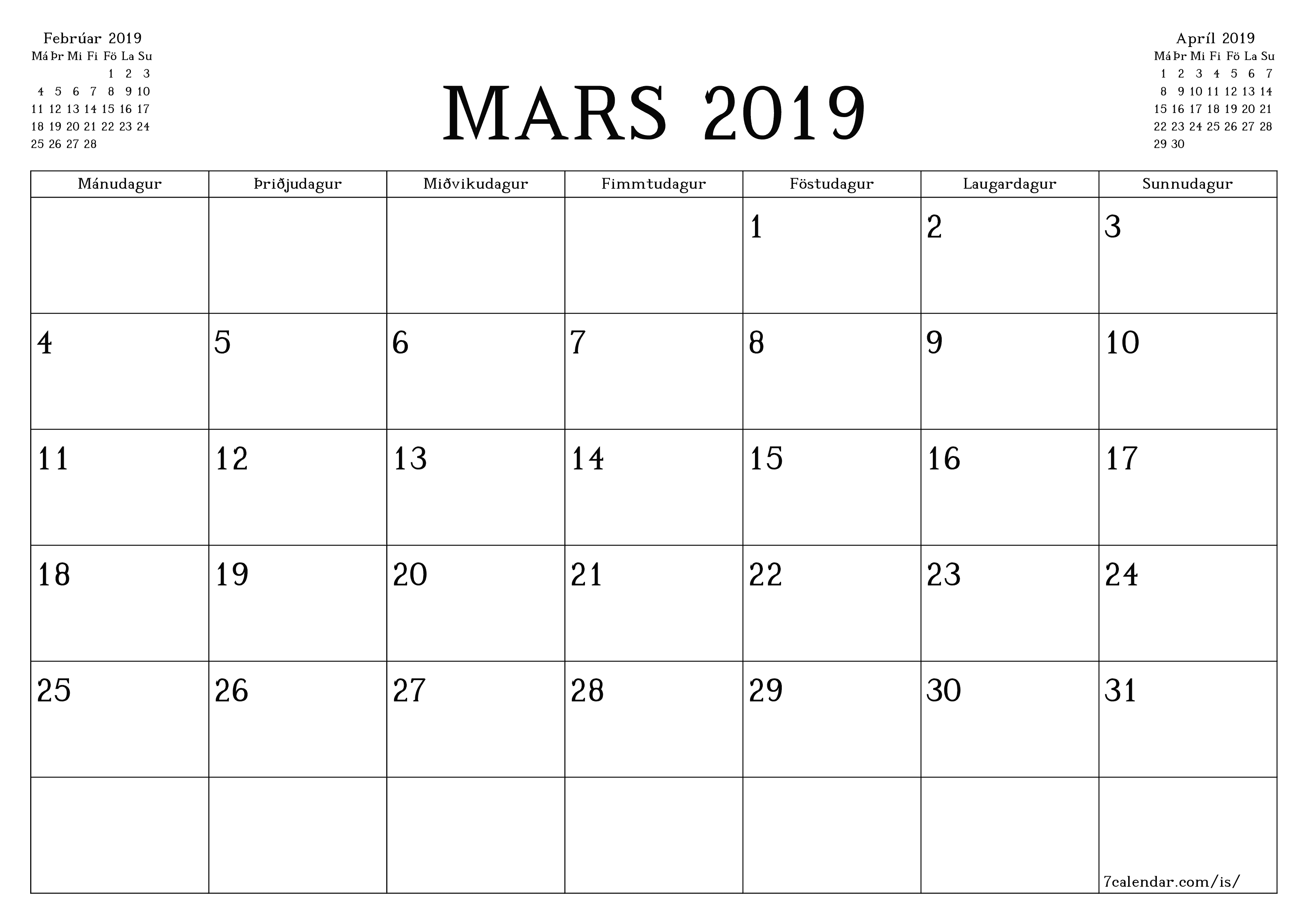 Tómur mánaðarlegur skipuleggjandi fyrir mánuðinn Mars 2019 með athugasemdum, vista og prenta á PDF PNG Icelandic