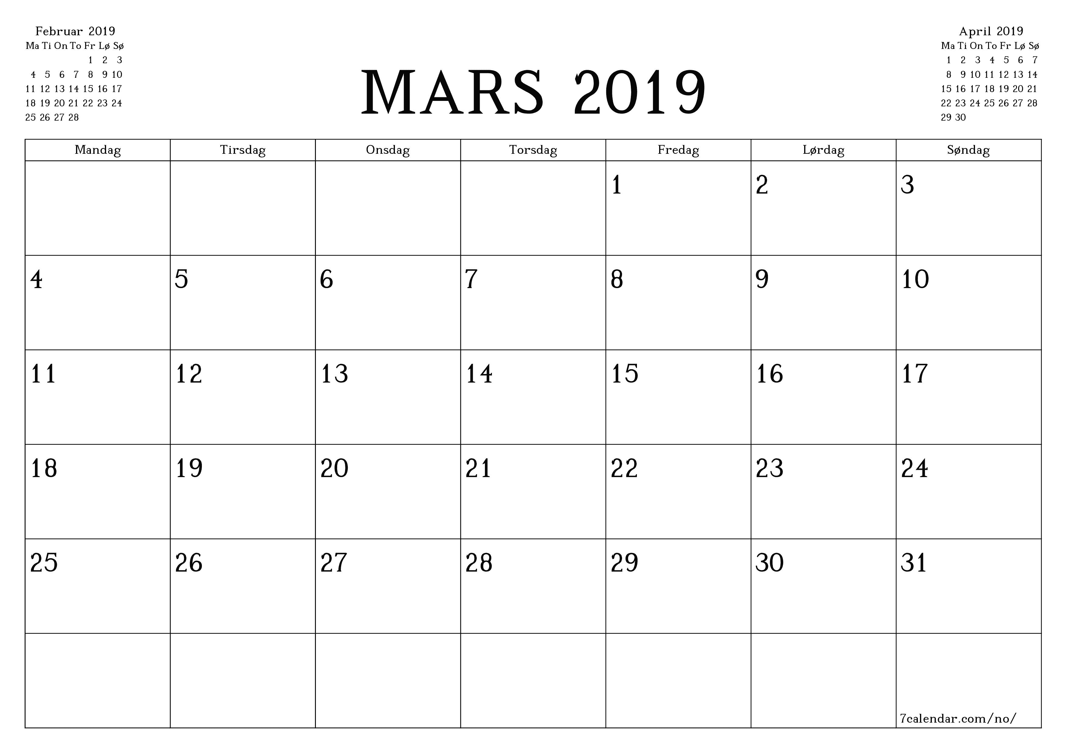 Tom månedlig planlegger for måned Mars 2019 med notater, lagre og skriv ut til PDF PNG Norwegian