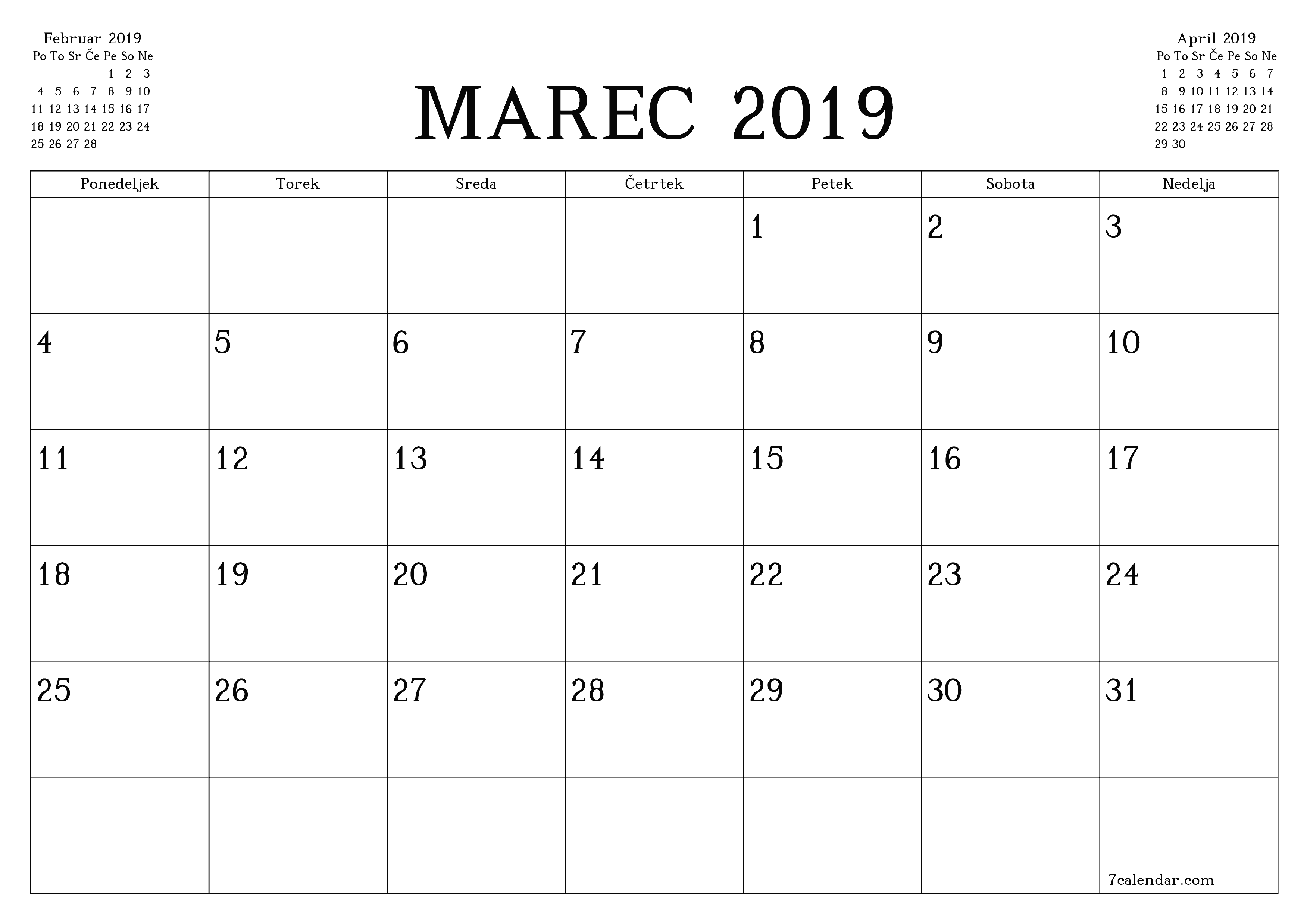 Prazen mesečni načrtovalec koledarja za mesec Marec 2019 z opombami, natisnjenimi v PDF PNG Slovenian