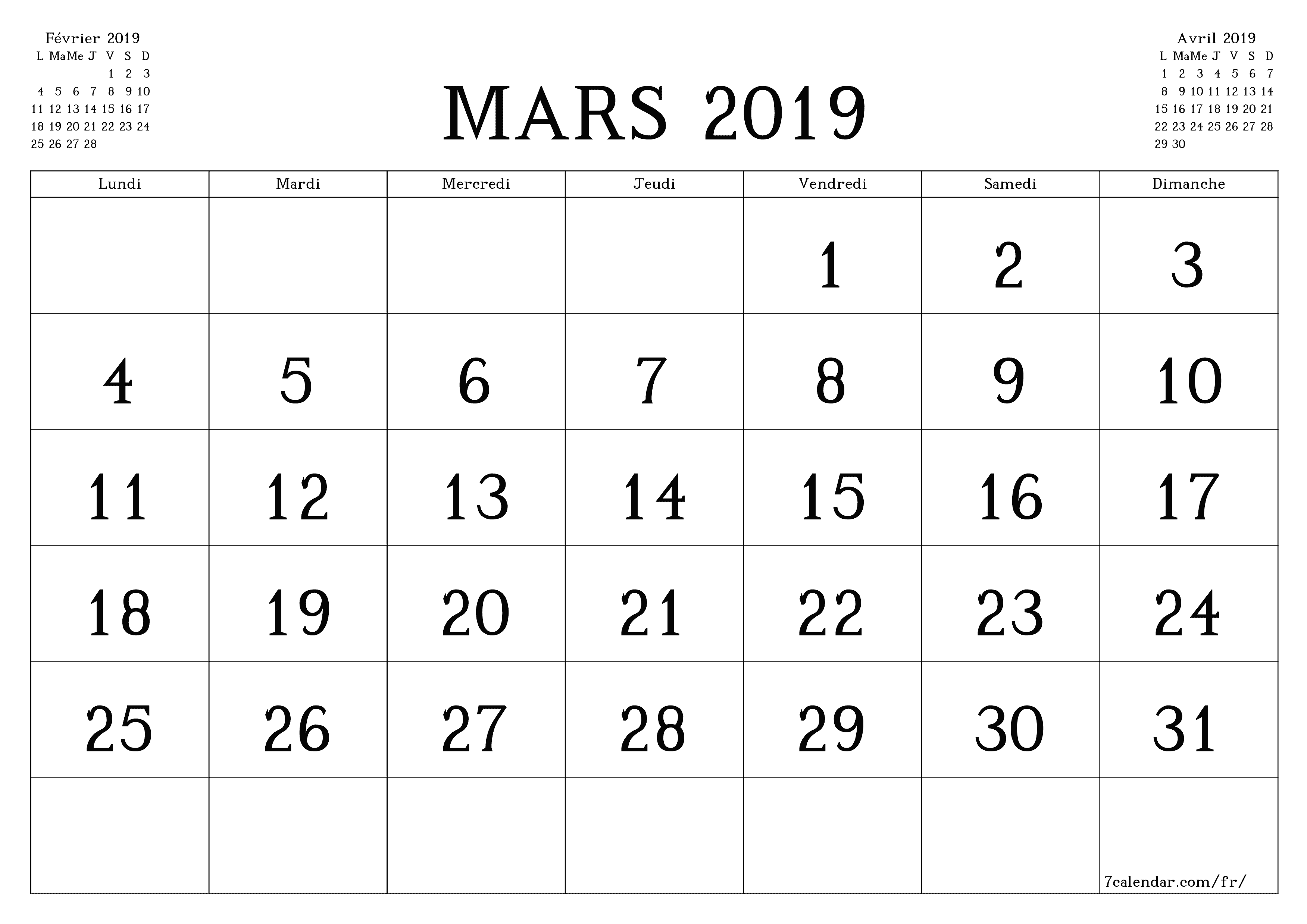  imprimable mural modèle de gratuithorizontal Mensuel calendrier Mars (Mar) 2019