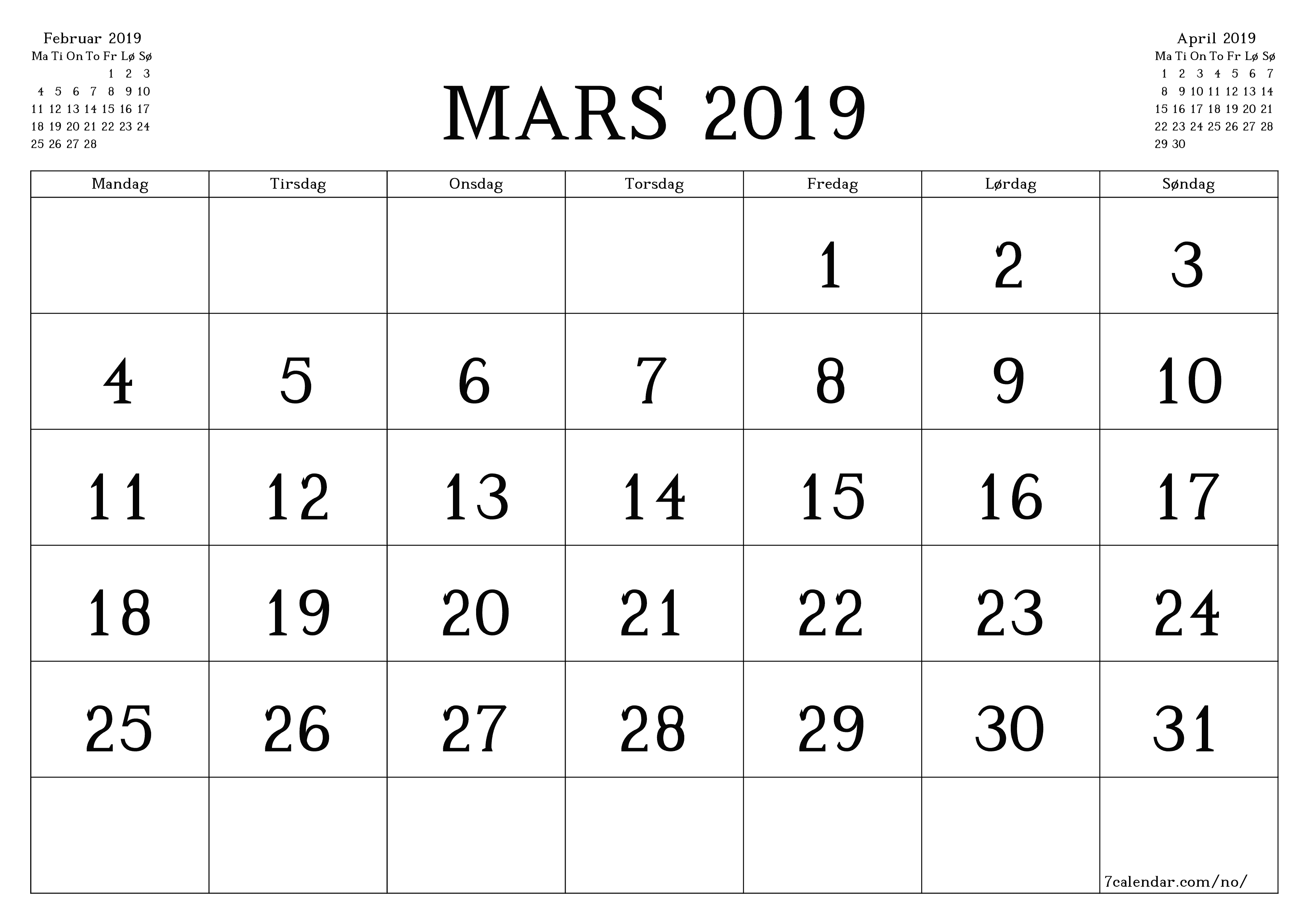 Tom månedlig planlegger for måned Mars 2019 med notater, lagre og skriv ut til PDF PNG Norwegian