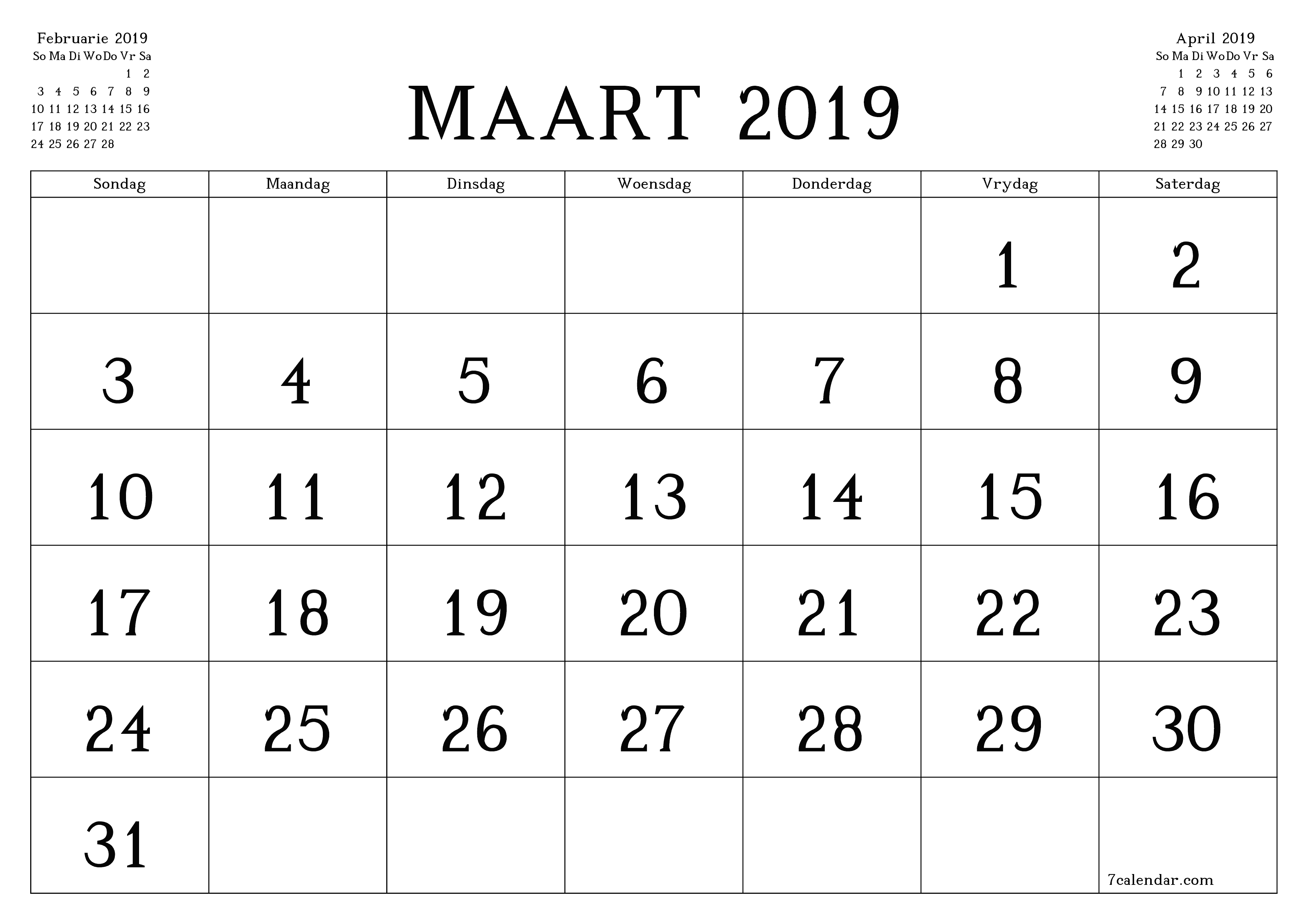 Leë maandelikse drukbare kalender en beplanner vir maand Maart 2019 met notas stoor en druk na PDF PNG Afrikaans