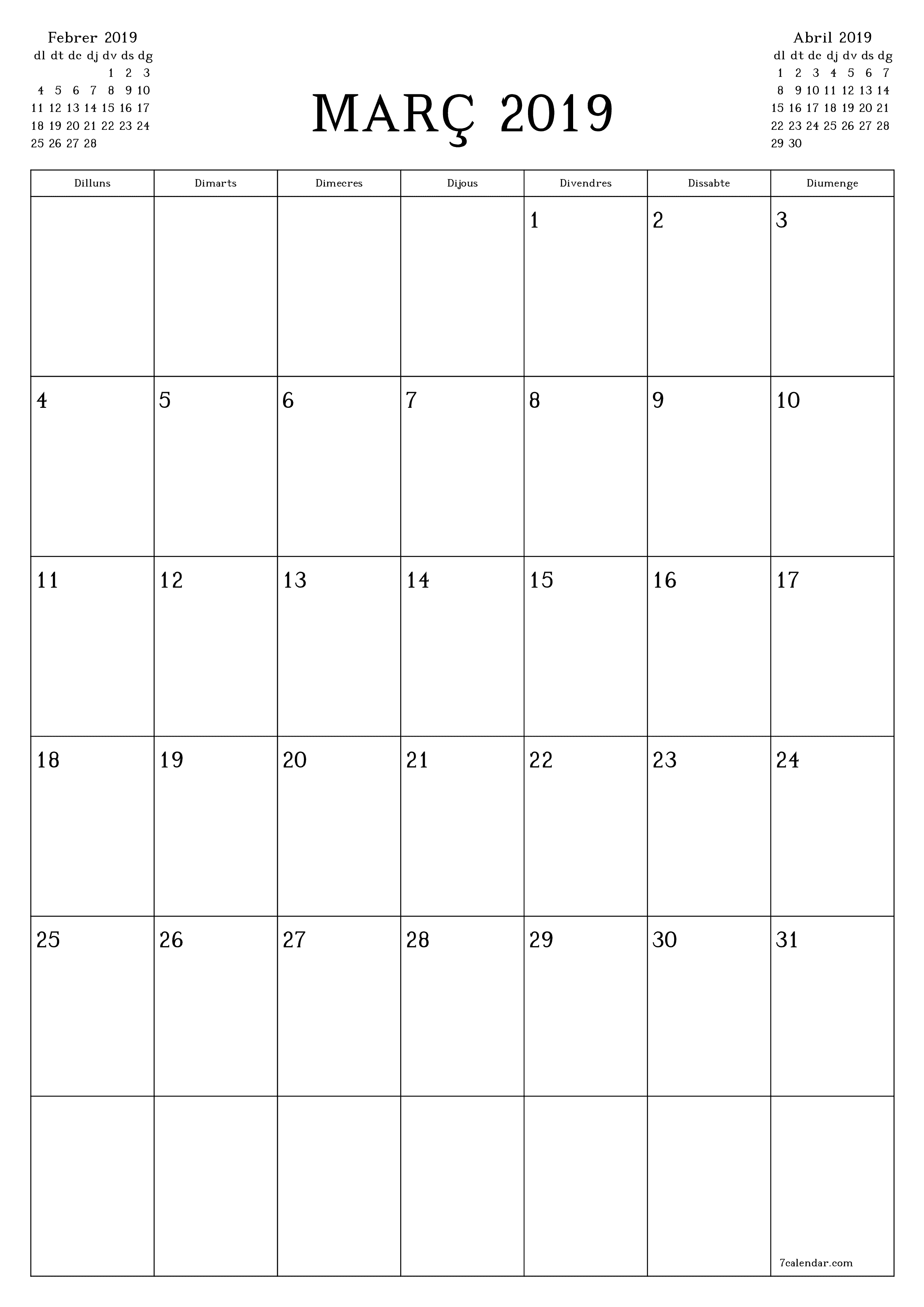 Planificador mensual buit del mes Març 2019 amb notes, deseu-lo i imprimiu-lo en format PDF PNG Catalan