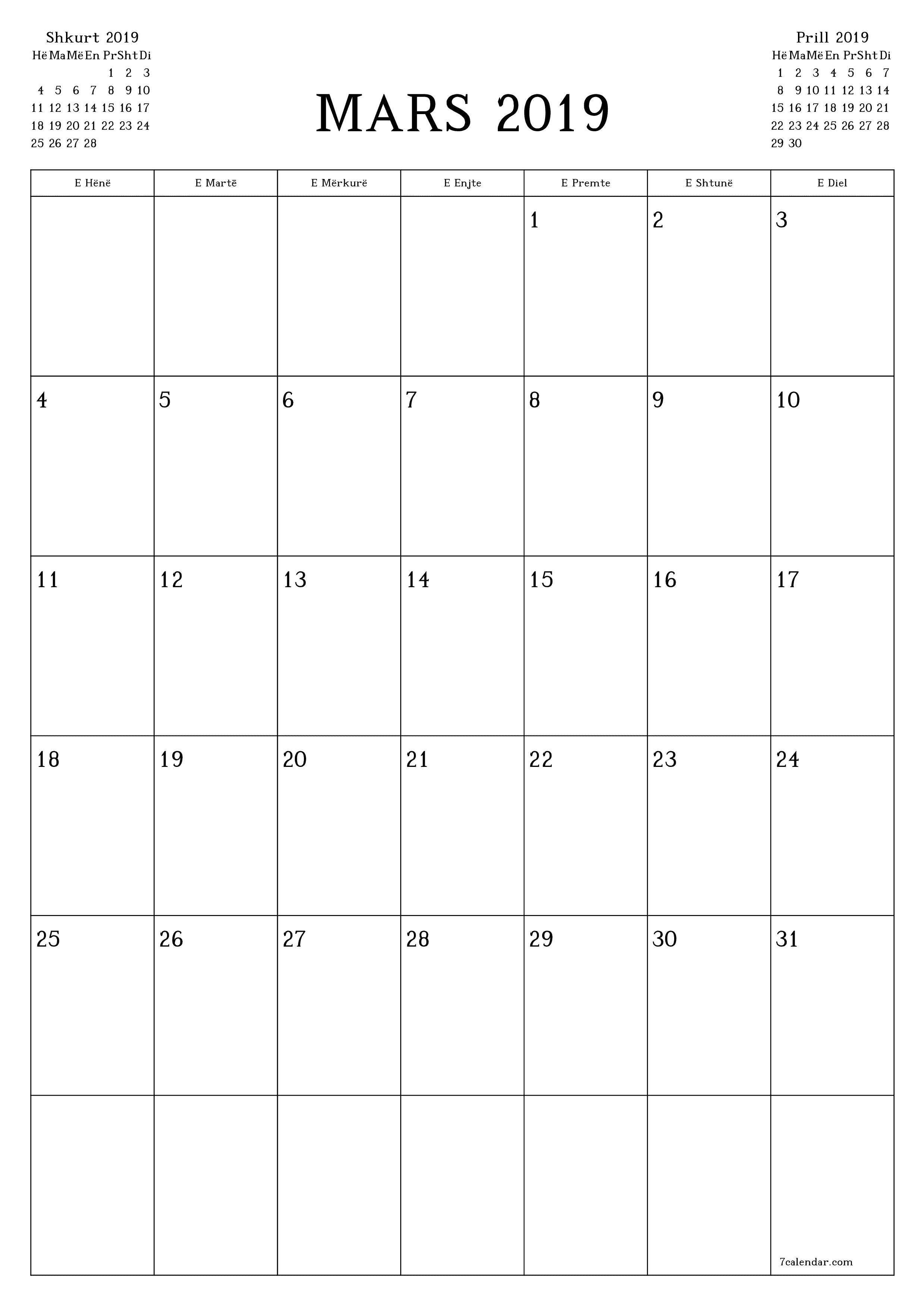  i printueshëm muri shabllon falasvertikale mujore planifikues kalendar Mars (Mar) 2019