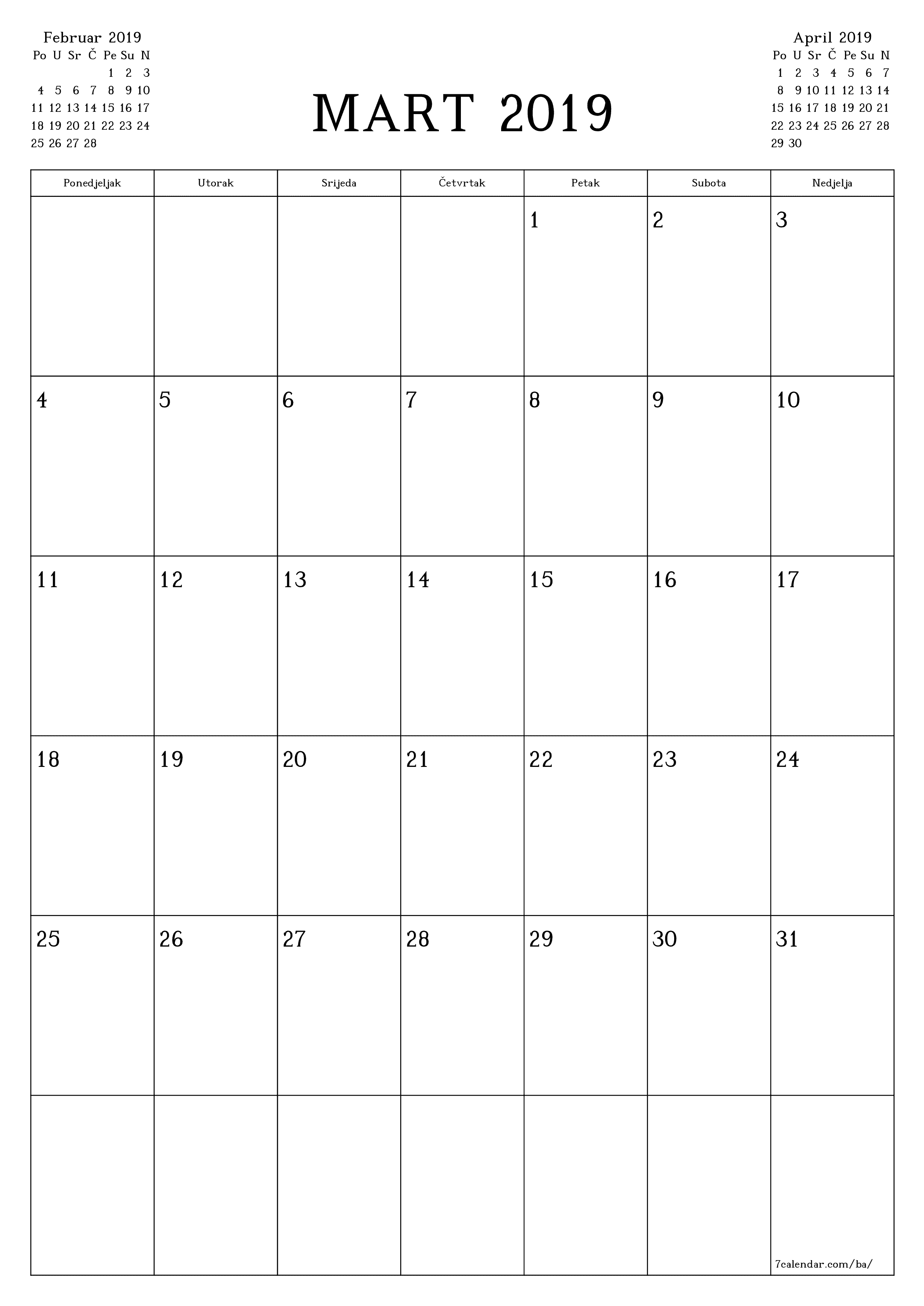  za štampanje zidni šablon a besplatni vertikalno Mjesečno planer kalendar Mart (Mar) 2019